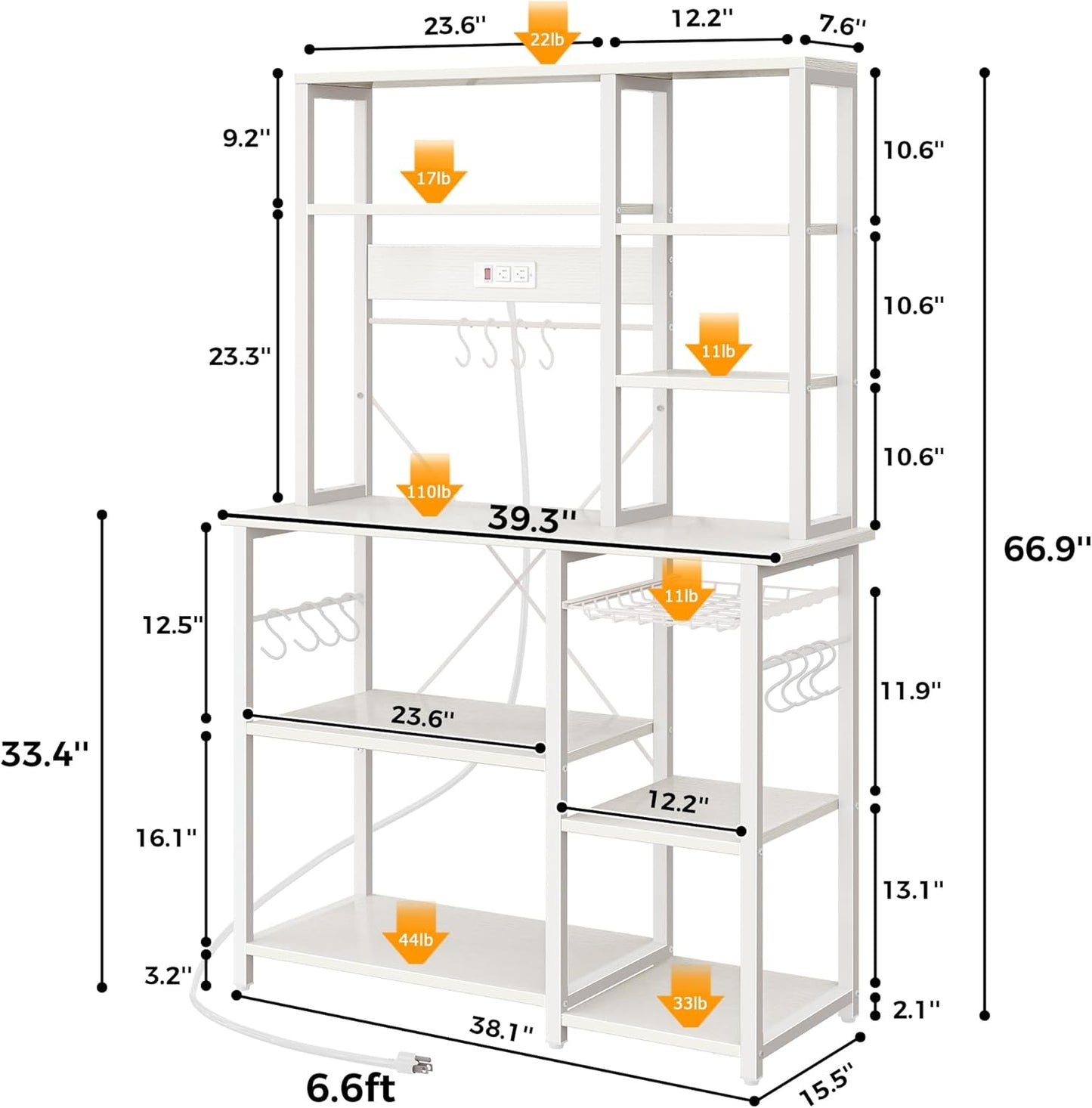 SUPERJARE Large Bakers Rack with Power Outlets, 6-Tier Microwave Stand, Coffee Bar with 12 S-Shaped Hooks, Kitchen Shelf with Wire Basket, 39.3 x 15.5 x 66.9 Inches, White