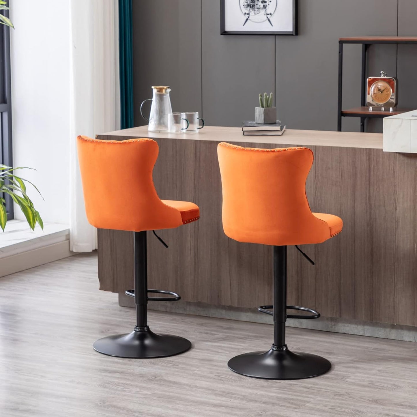 PacknWood Acosure Swivel Velvet Barstools Adjusatble Seat Height from 25-33" with 17.7" Base and Backs Comfortable Tufted,Modern Upholstered Bar Chairs for Home Pub Kitchen,Orange,Set of 2