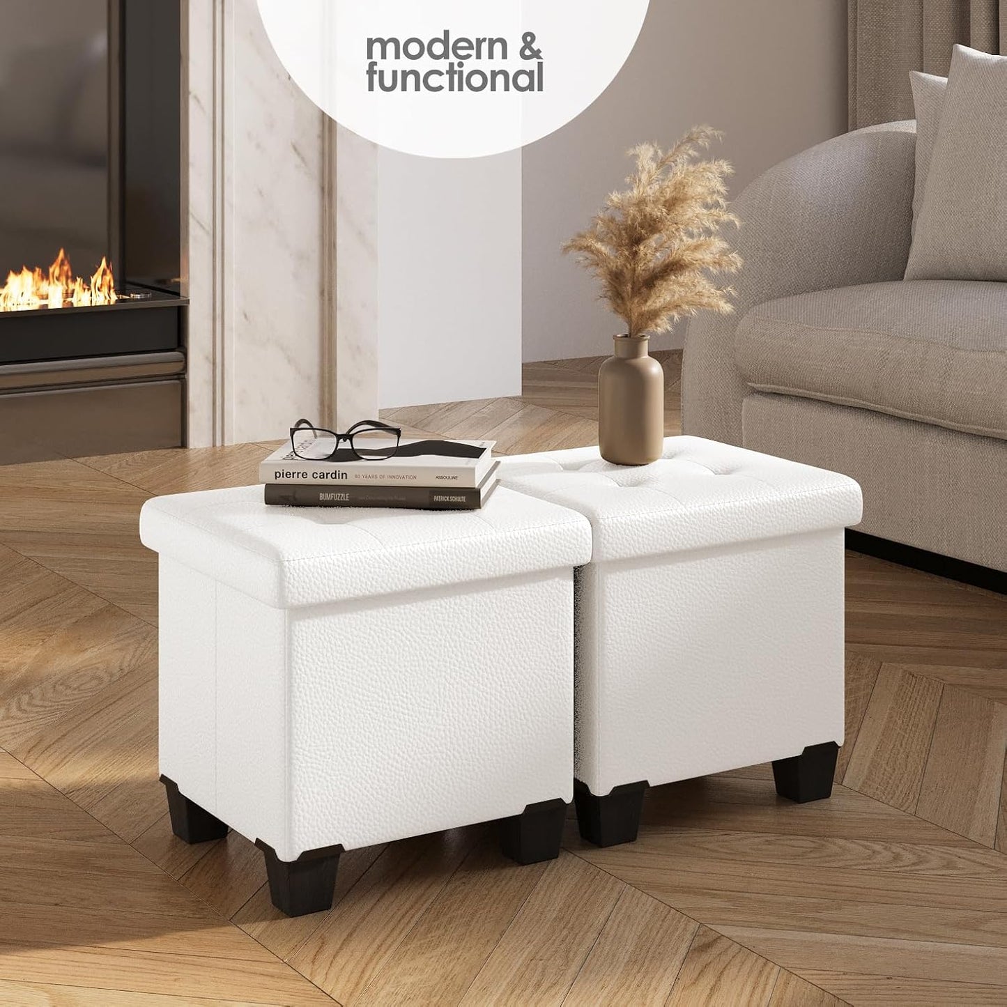 STORAGEBUD Storage Ottoman Cube with Small Bin, 16-in Square Ottoman with Storage for Living Room and Bedroom, Small Ottomans Foot Rest, Faux Leather Foot Stools Ottomans Max 330lbs, Cream