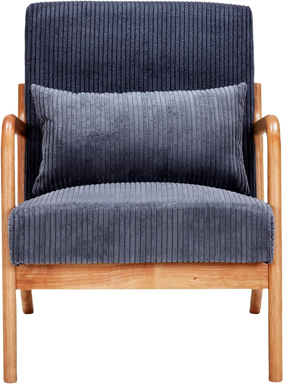 Ball & Cast Living Room Chair with Pillow,Mid-Century Modern Armchair w/Solid Wood Frame & Extra-Thick Backrest,Upholstered Reading Accent Chair for Bedroom,Dark Grey
