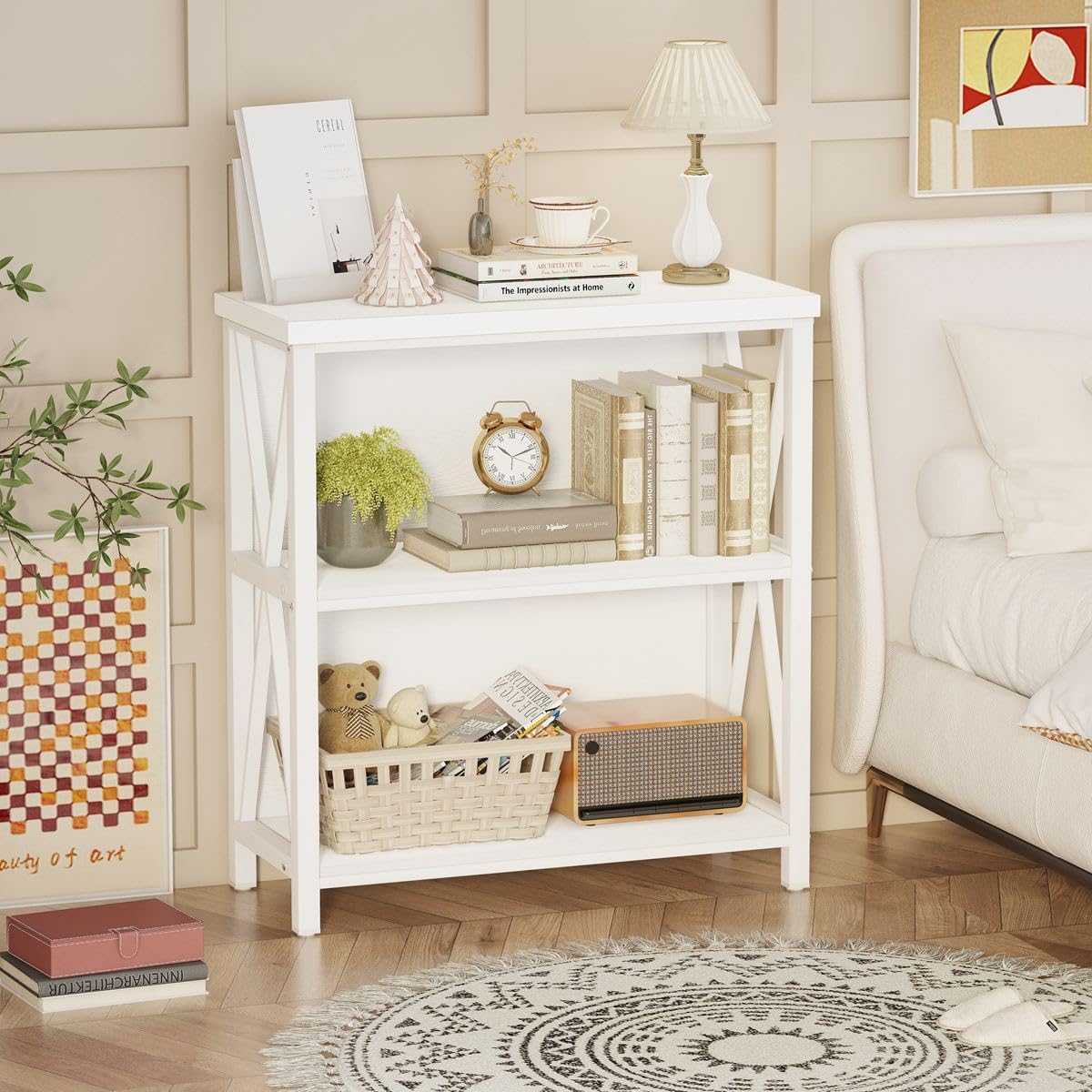 FATORRI Small Bookshelf for Small Space, Short Rustic Low Bookcase, Modern Wood and Metal Book Shelf and Narrow Book Case for Living Room, Hallway (White Oak)