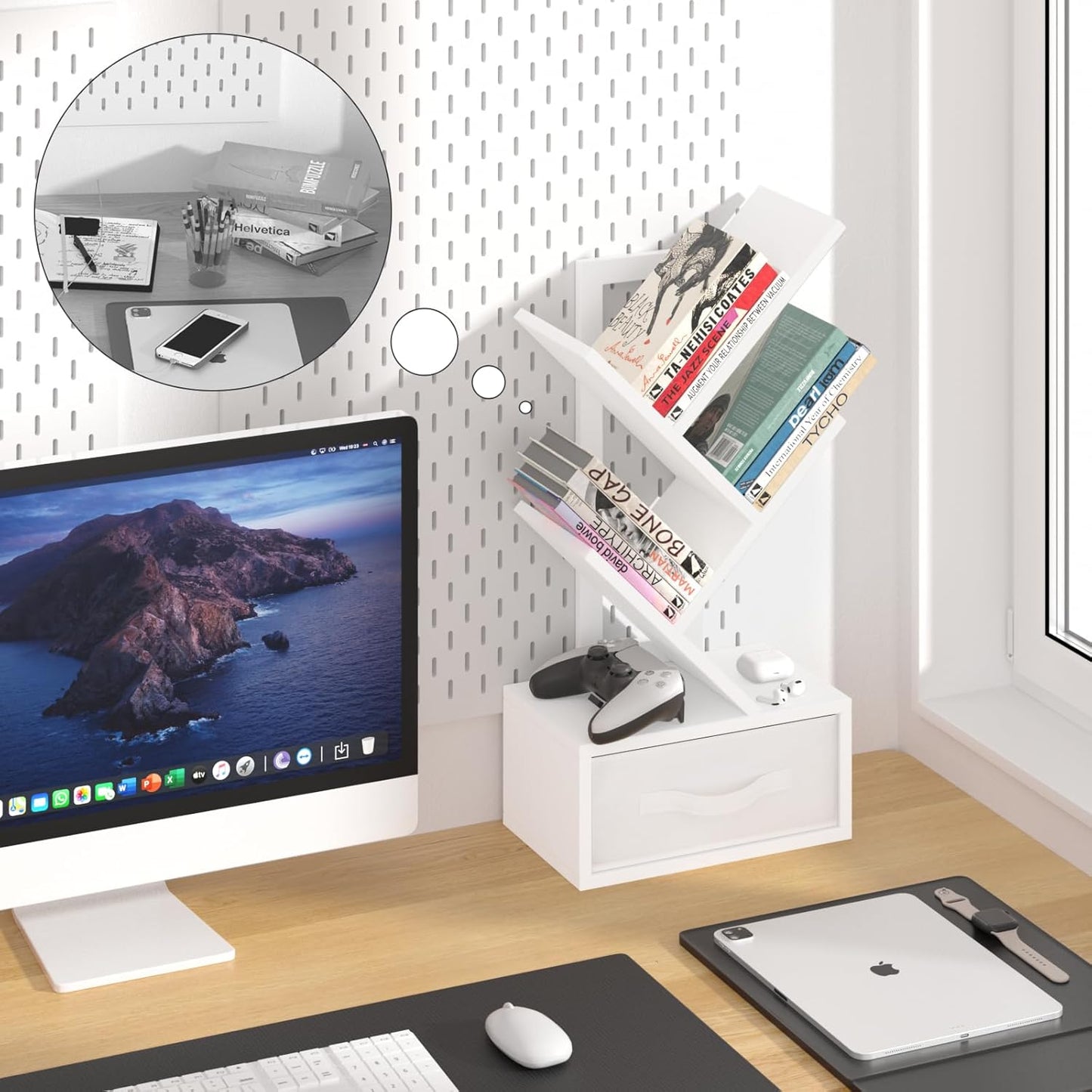 Small Bookshelf with Drawer,4 Tier Tree Book Shelf,Wood Desk Bookshelves,Modern Free Standing Desktop Display Shelves,White Floor Standing Organizer Bookcase for Living Room,Bedroom,Office