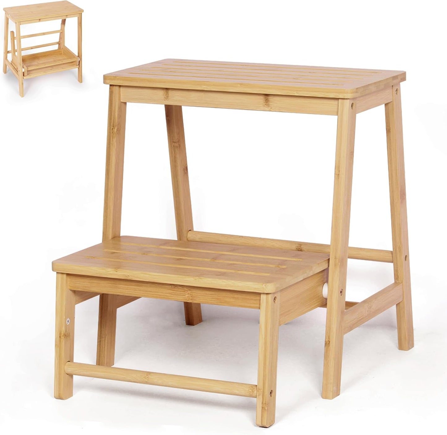 Bamboo Folding Climbing Step Stool, 2 Step Ladder Multi-Functional Stair Chair with Sturdy Structure, Non-Slip Step Pads, Wide Stepping Surface for Safety, Simple Folding Stool for Bathroom, Kitchen