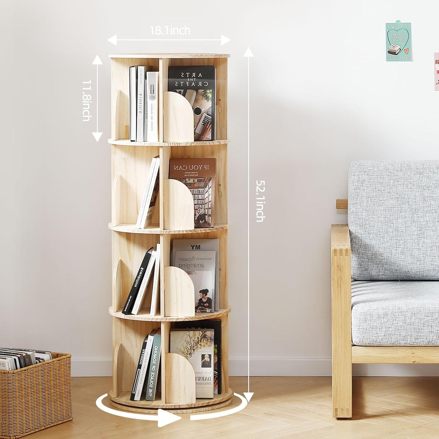 Rotating Bookshelf Tower, 4 Tier 360 Display Spinning Bookshelf, Solid Wood Revolving Bookcase for Kid Adult, Corner Floor Rotating Bookcase for Bedroom, Living Room, Study Room, Small Space