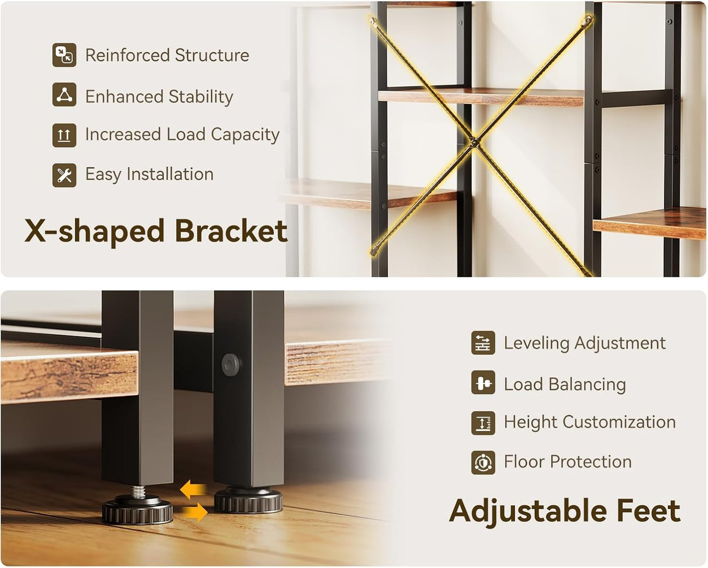 Casaottima Triple 4 Tier Bookshelf, Large Bookcase with 11 Open Display Shelves, Modern Industrial Book Shelves Book Case for Bedroom, Wide Standing Shelving Unit for Living Room Home Office, Vintage