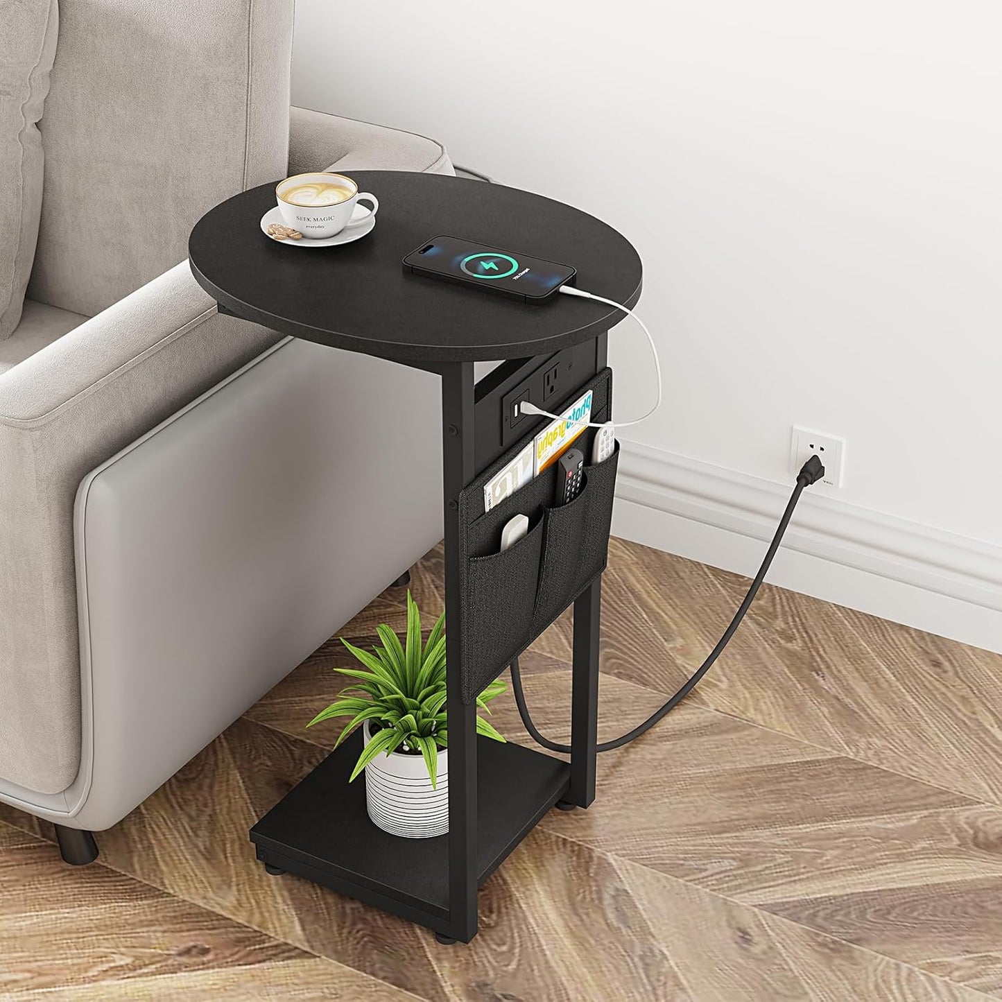 Vagusicc C Shaped End Table with Charging Station, Small Side Table for Couch, TV Tray Slide Under Sofa Table for Living Room Bedroom, Round Couch Side Table C Table for Sofa, Black
