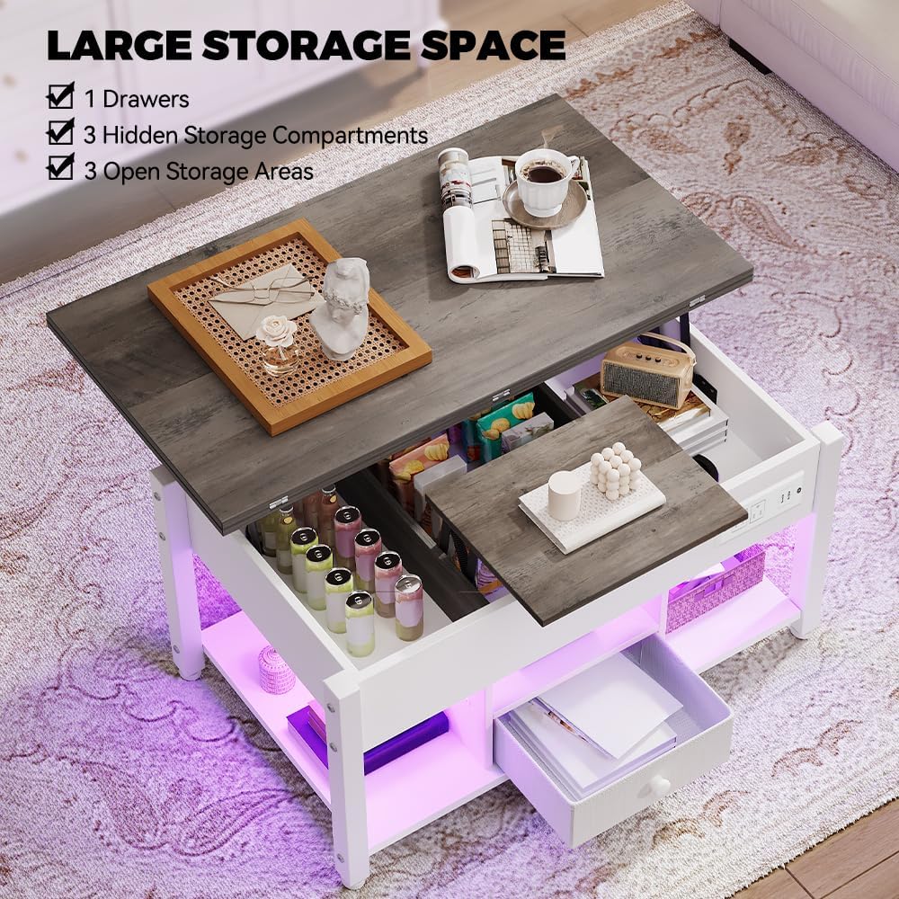 YITAHOME 4-in-1 Lift Top Coffee Table with RGB Light & Dual Tops, Multi-Function Table with Power Outlets, Storage, Converts to Dining Table Computer Desk Gaming Hub, Living Room, Home Office, White