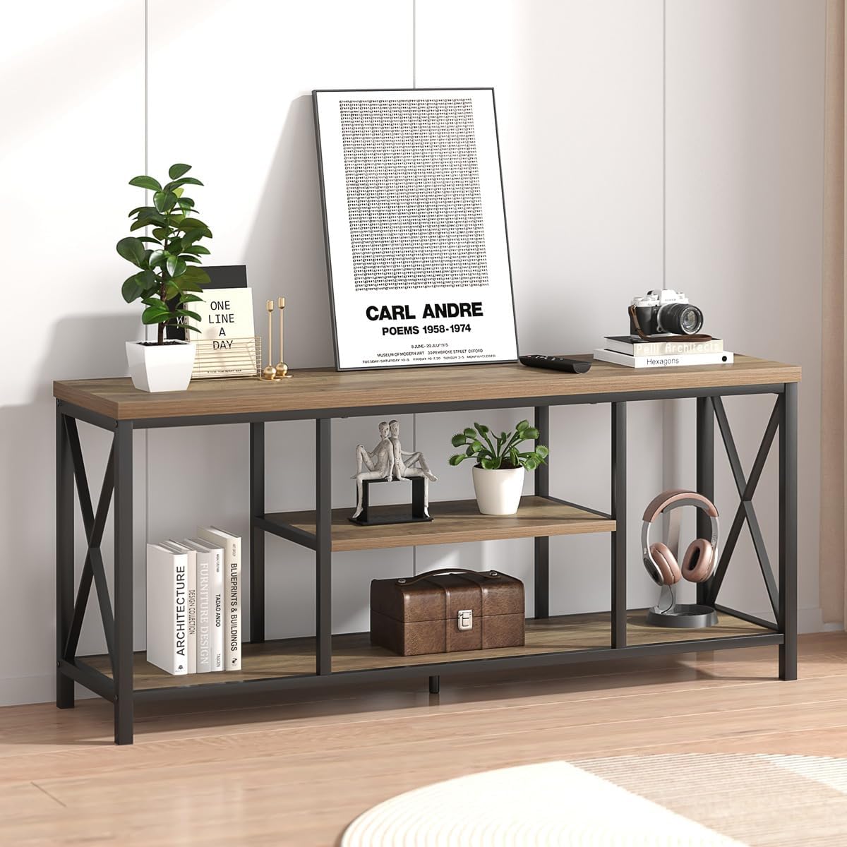 FOLUBAN TV Stand for TV up to 65 inch, Rustic Wood and Metal Entertainment Center with Storage Shelves, Modern Industrial Media TV Console Table for Living Room, Oak 55 inch