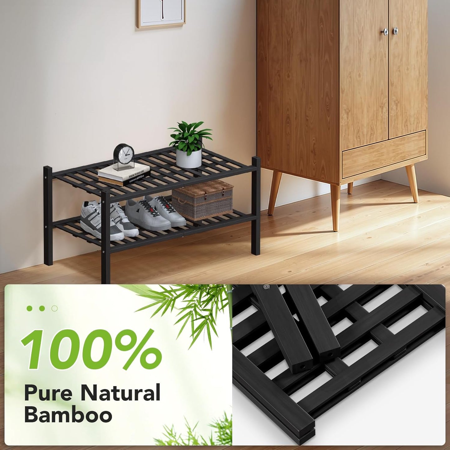 Haddockway Large 2 Tier Bamboo Shoe Rack Storage Organizer, Multifunctional Free Standing Stackable Shoe Shelf with Grid Panel for Closet,Hallway,Entryway,Small Space 27"x12"x14"(Black, 2-Tier(Large))