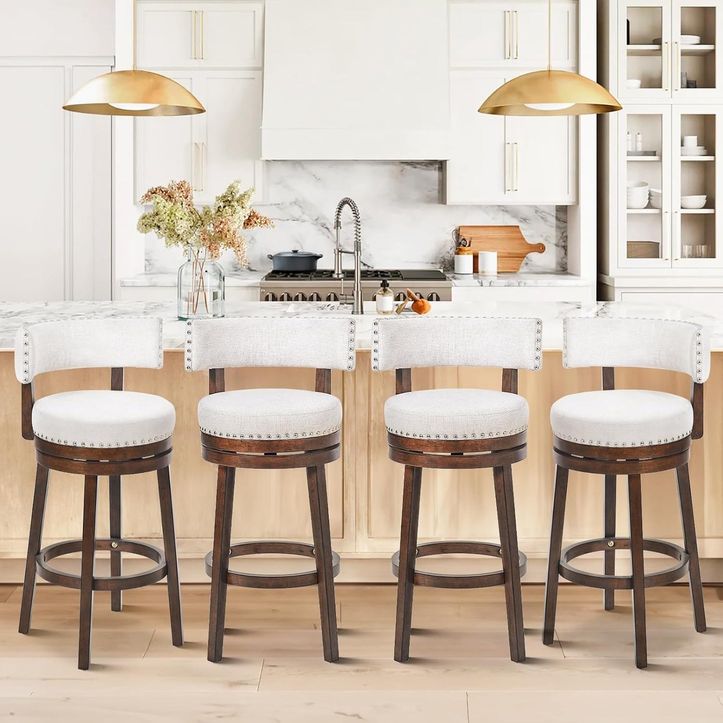 COLAMY Swivel Bar Stools Set of 4, Swivel Counter Height Barstools, 30 Inch Upholstered Barstools for Kitchen Island Dining Room Bar, Beige
