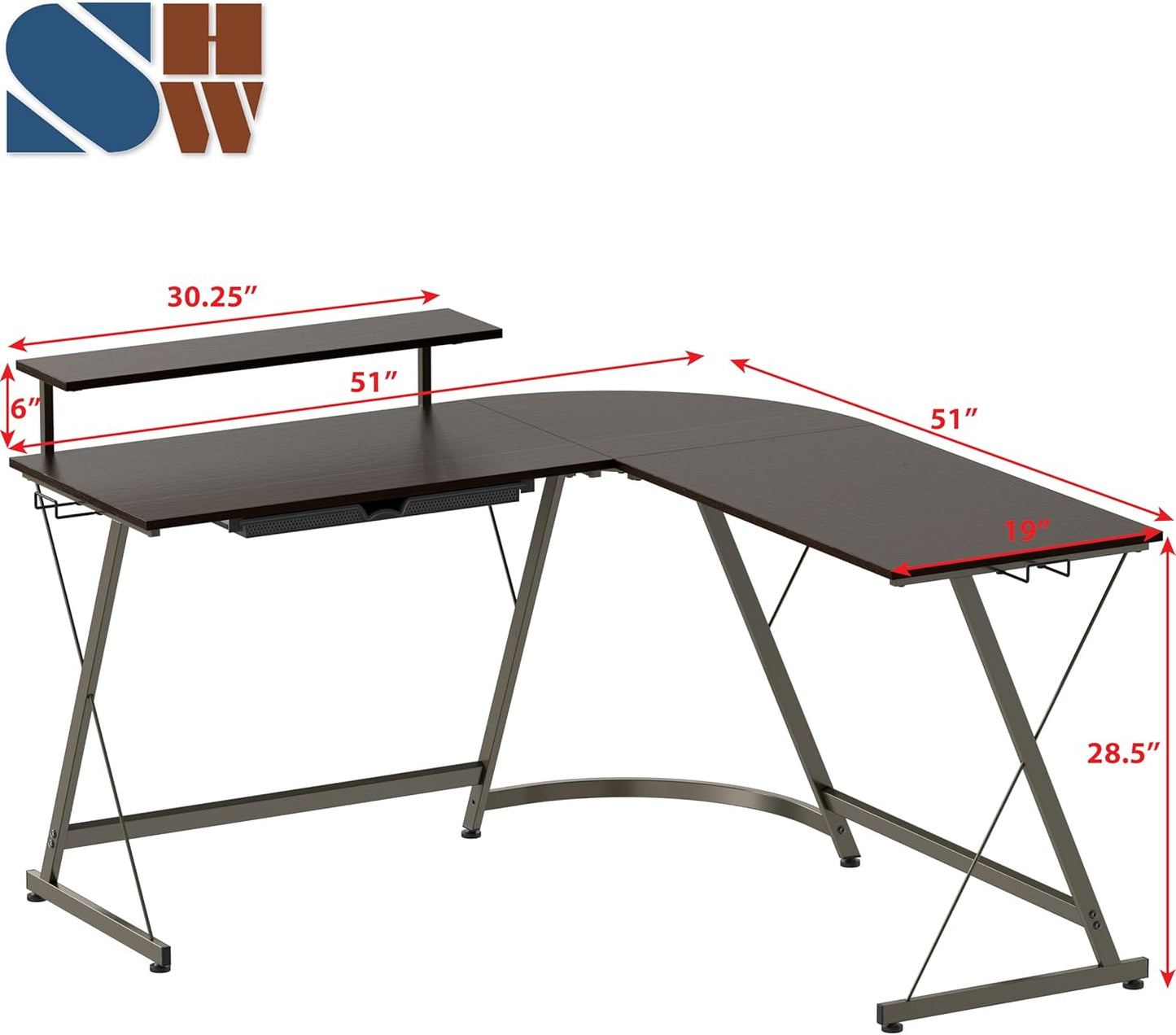 SHW 51 x 51 Inches Vista L-Shaped Desk with Monitor Stand and Drawer, Espresso