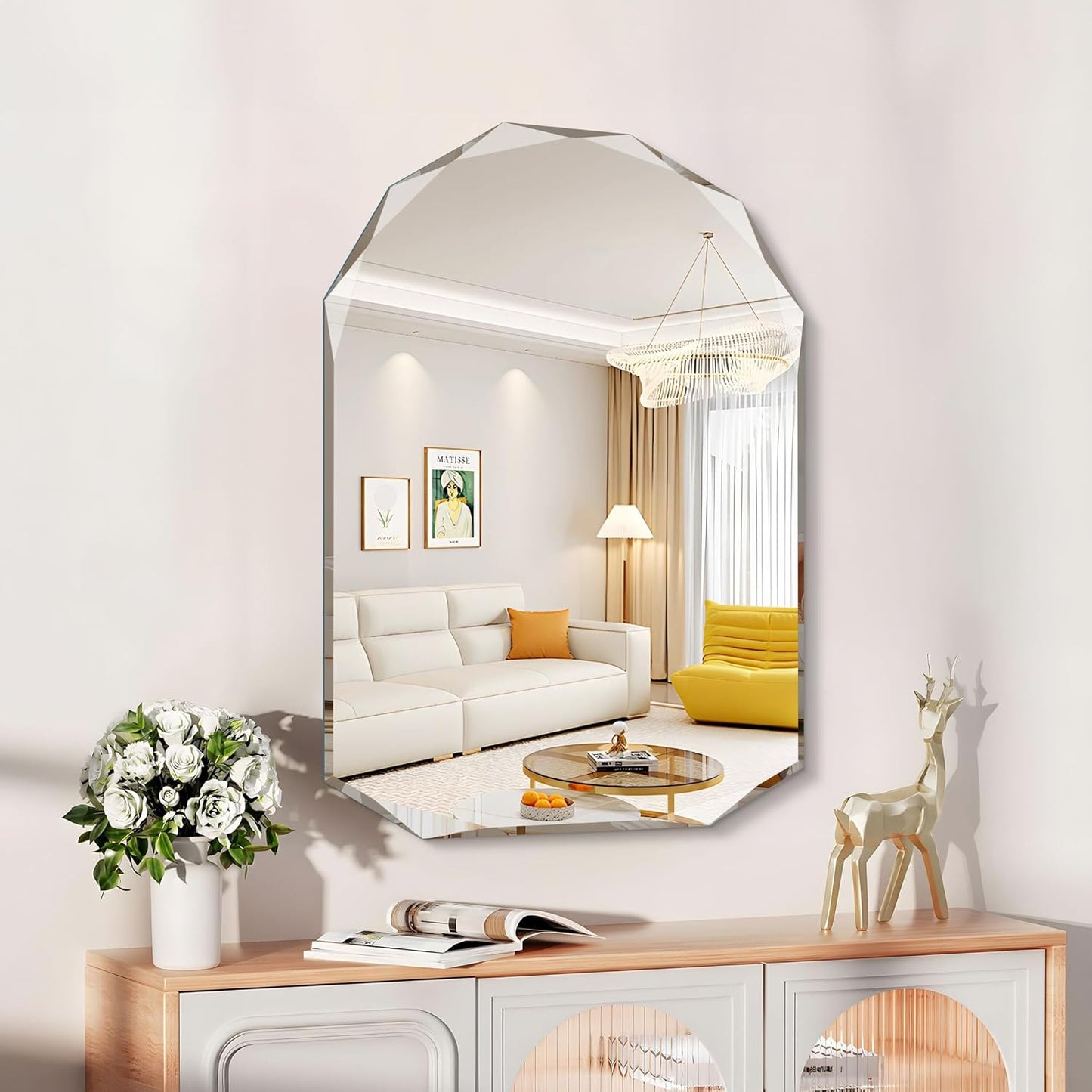KOCUUY 24"x36" Frameless Mirror, Arched Shape with Diamond-Shaped Beveled Edge,Unframed Decorative with Upgraded Shatterproof Glass,Unique Frameless Mirror for Bathroom,Living Room,Bedroom