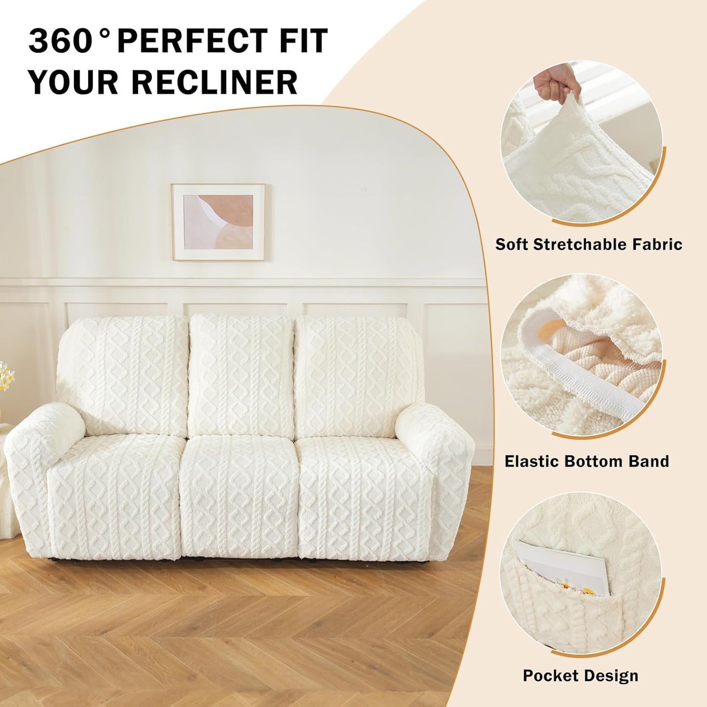 vctops 8 Pieces Geometric Jacquard Plush Recliner Sofa Covers Soft Fuzzy Fluffy 3 Seats Couch Cover Anti-Slip Sofa Slipcover Furniture Protector with Elastic Bottom for Kids Pet(Cream,3 Seat)