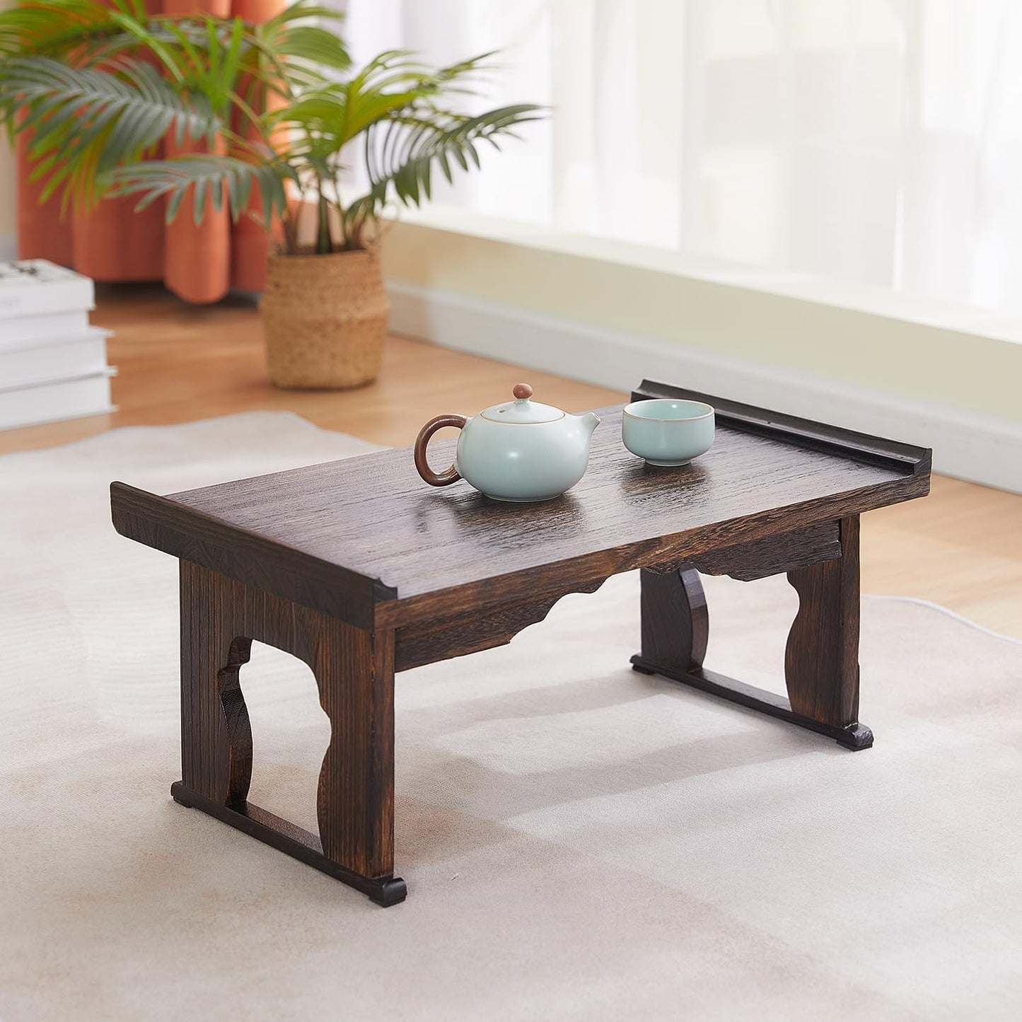 Japanese Floor Table,Small Coffee Table & Tea Table, Altar Table for Meditation,Low Table for Sitting on The Floor,Wood Bed Table Trays with Foldable Legs,Bed Laptop Desk