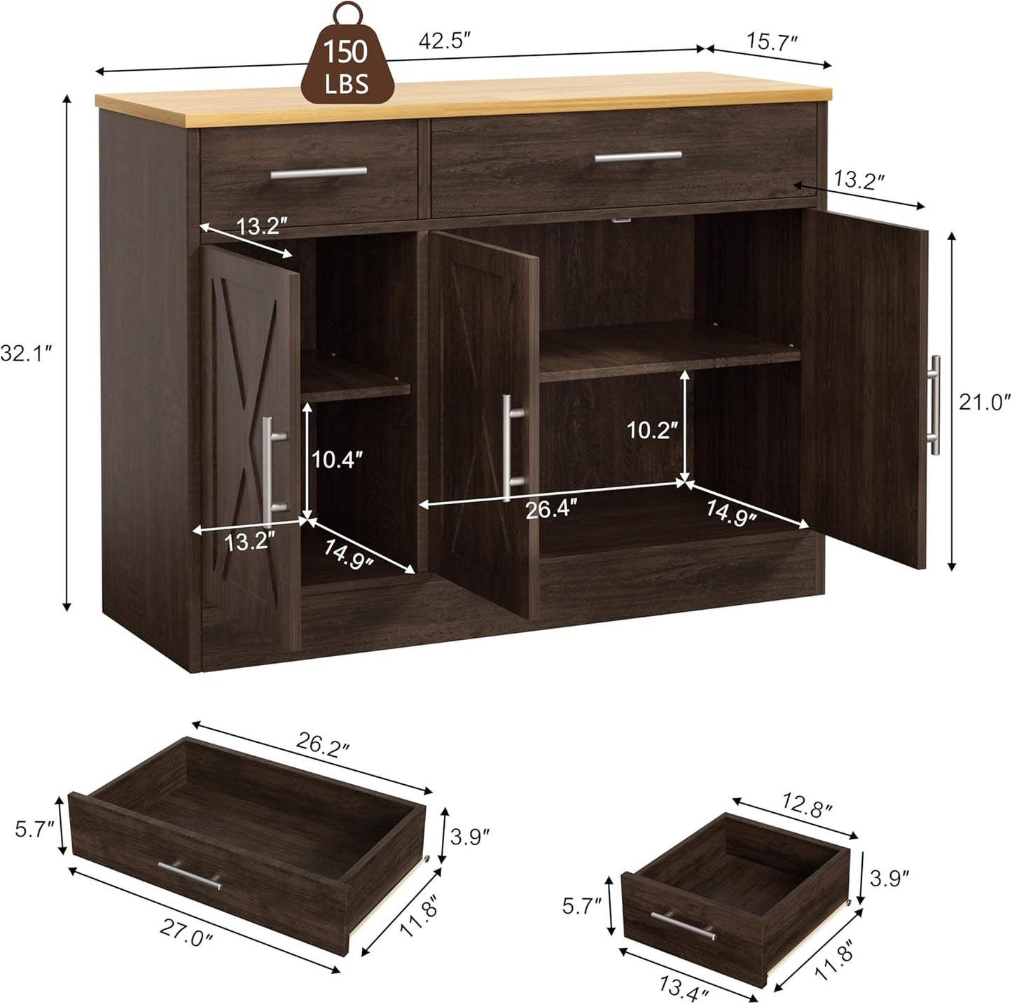 Shintenchi 3 Doors Farmhouse Sideboard Buffet Cabinet,42" Barn Doors Buffet Cabinet with Storage,Wood Coffee Bar Cabinet with Adjustable Shelf for Kitchen,Living Room,Brown