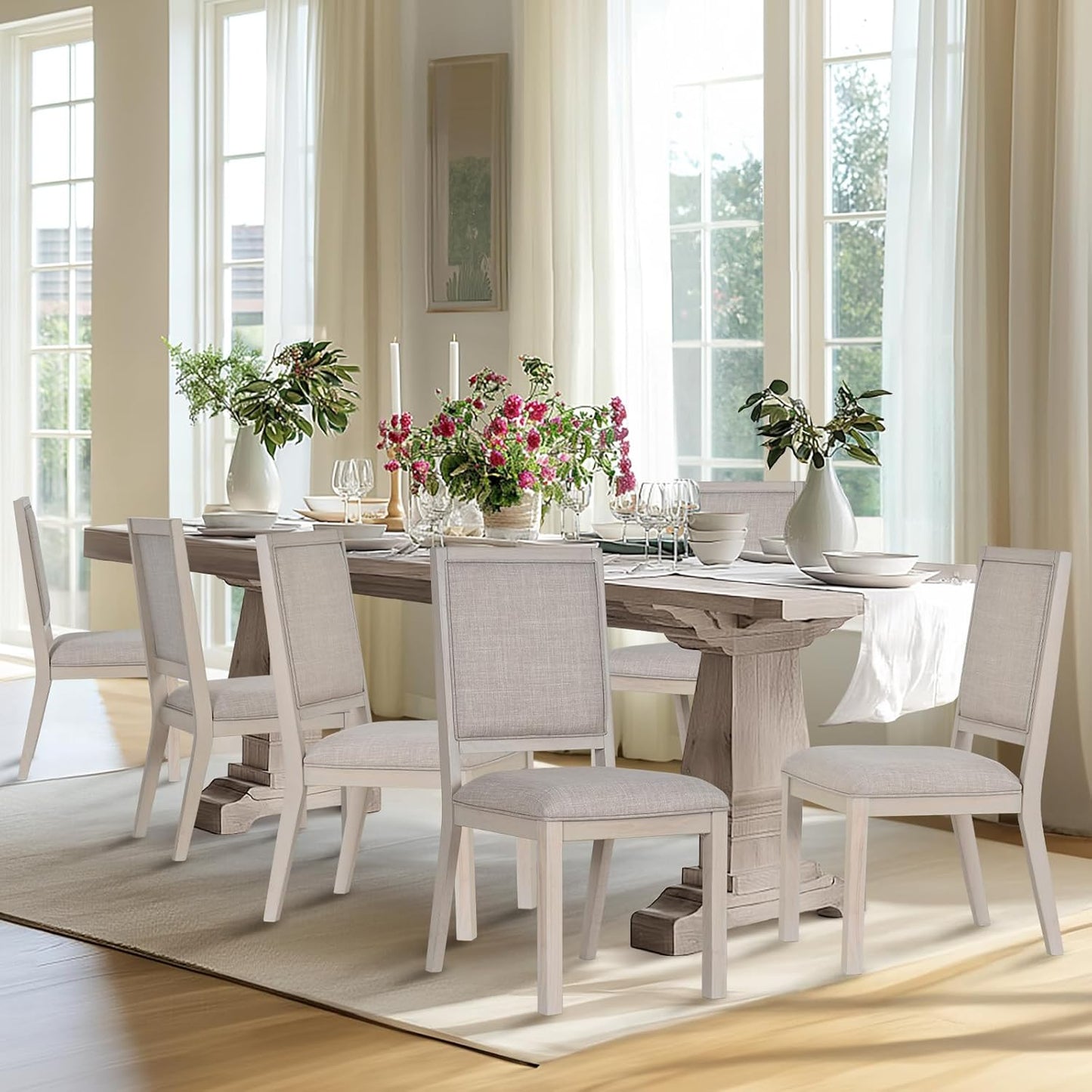 COLAMY Wood Dining Chairs Set of 6, Mid Century Modern Upholstered Kitchen Chairs,19 Inch Fabric Dining Chair with Back for Kitchen Dining Room,Ivory