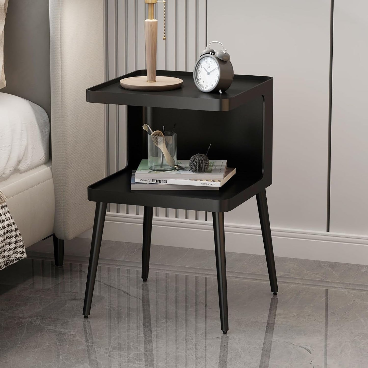 Black Modern Side Table, 2 Tier Small End Tables Bedroom, Metal Side Tables Living Room with 4 Legs, Black Nightstand Square Accent Table for Indoor Outdoor, Easy Assembly