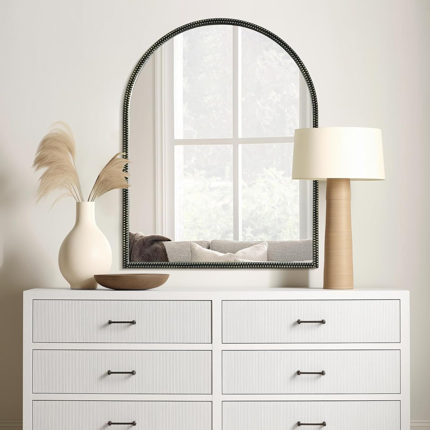 WallBeyond Black Vintage Mirror for Vanity 28x36 Inch, Gold Antique Mirror with Ornate Beaded Frame for Bathroom, Living Room, Fireplace, Entryway