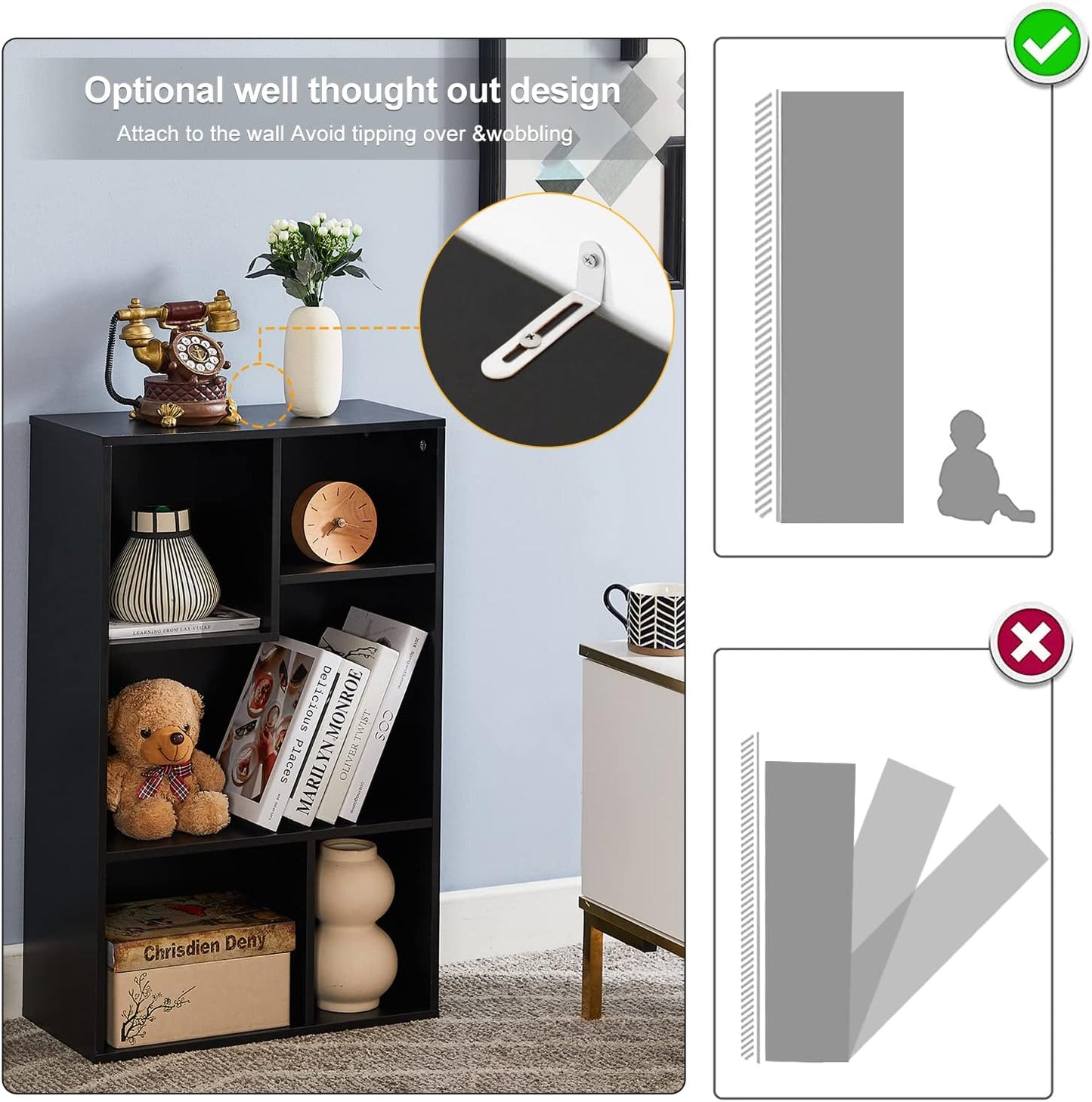 VECELO Modern Bookshelf, 5 Cube Shelf, Fits Tallest Hardcovers, Horizontal Available, Storage Organzier for Home Office, Matte Black