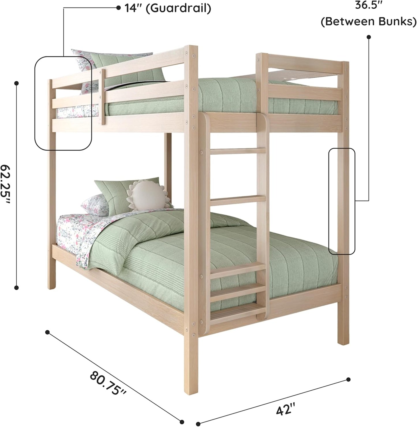 Grain & Grove Bear Twin Over Twin Bunk Bed, Sturdy Bunk Bed Frame for Kids, Plywood Bunk with Ladder, Guardrail, and Slats, No Box Spring Required, Oak Embossed Natural