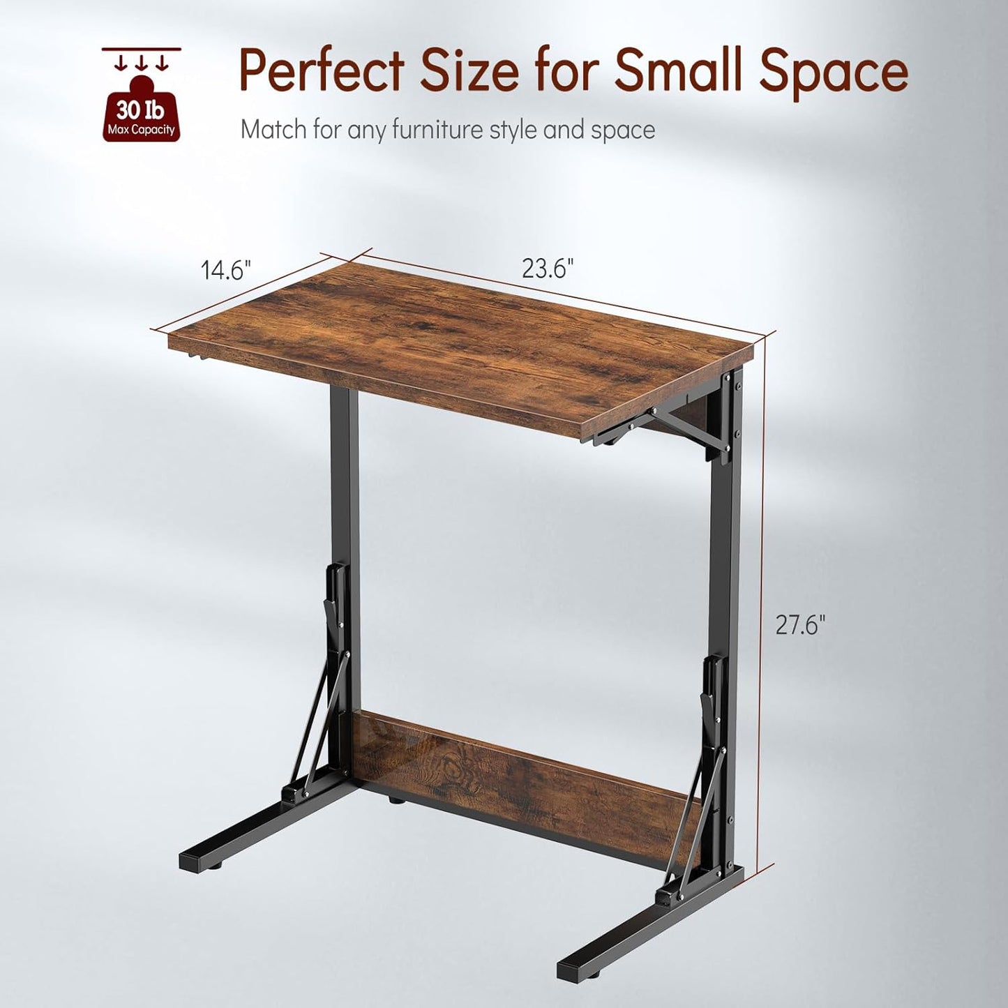 Tatub 24" Folding C Shaped End Table Set of 2, Small Sofa Side Laptop Desk, Couch TV Tray Table for Living Room, Bedroom, Rustic Brown