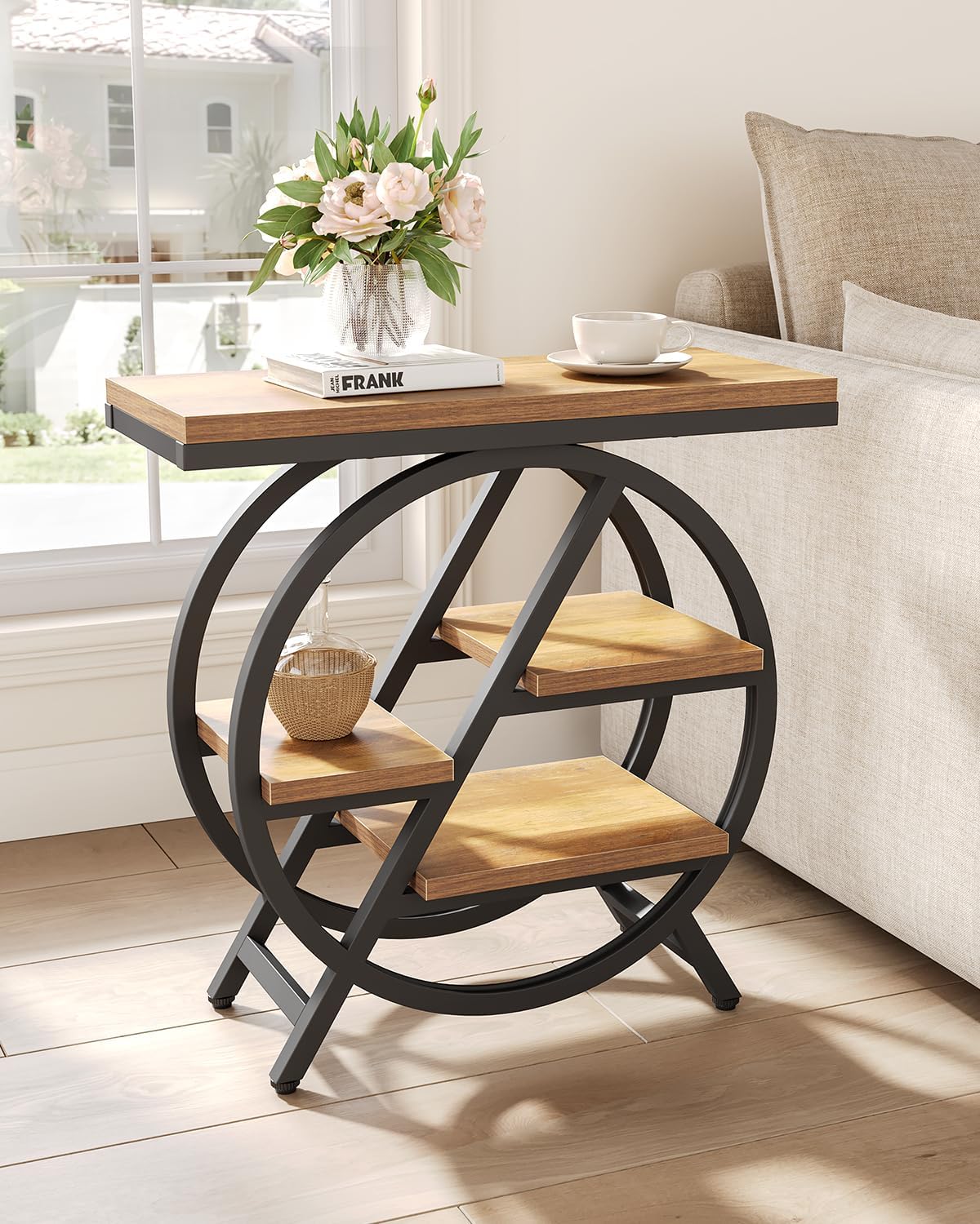 End Table, Narrow Side Table with 4-Tier Large Storage Space, Modern Bedside Table for Living Room, Home Office, Bedroom, Natural