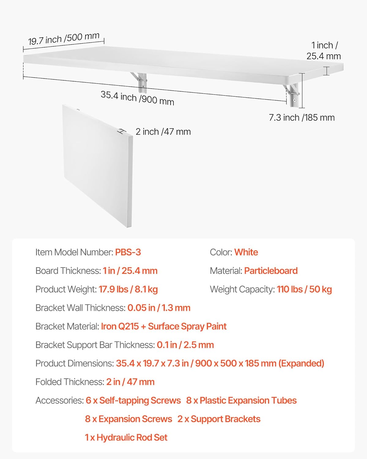 VEVOR Wall Mounted Folding Table, 35.4 x 19.7 inches Wall Mount Table, Floating Desk with Iron Bracket for Small Spaces, Home Office, Dining, Laundry Room, Kitchen, Bar, White