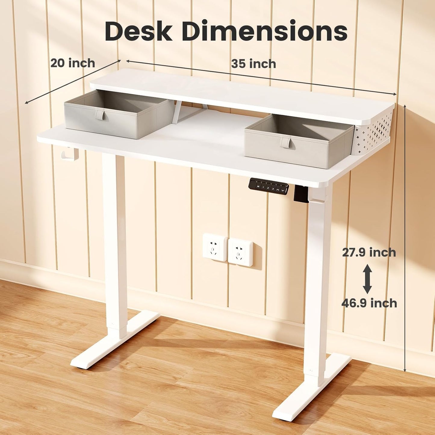 Small Standing Desk with Drawers and Brushless Motor,Electric Sit Stand Desk for Walking Pad,Ergonomic Stand Up Desk for Home Office & Gaming,3 Memory Height Preset & Hooks(35" x 20",White)