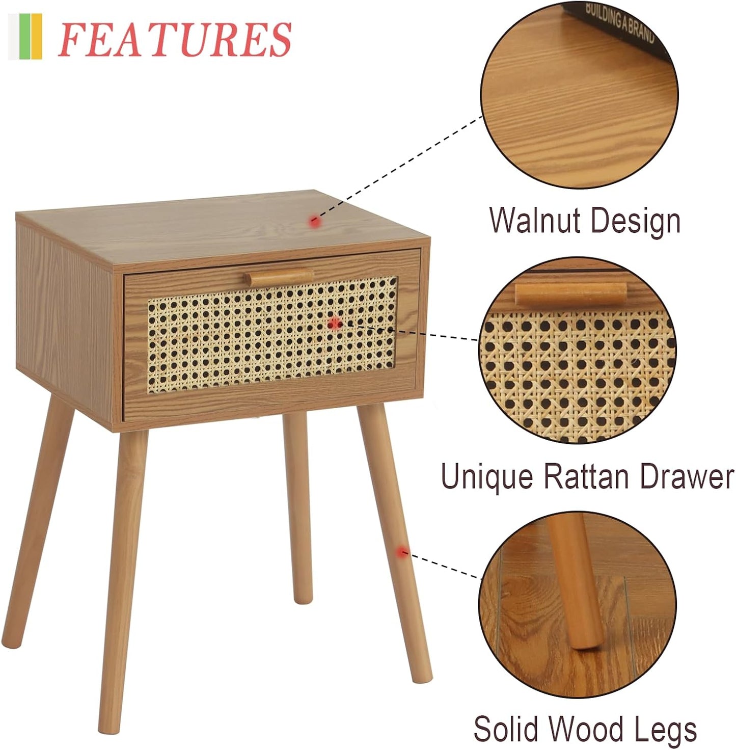 AWASEN Mid Century Nightstand, Rattan Side Table with Drawer, Modern Bedside Table with Storage and Solid Wood Legs for Living Room, Bedroom and Small Space (Brown)