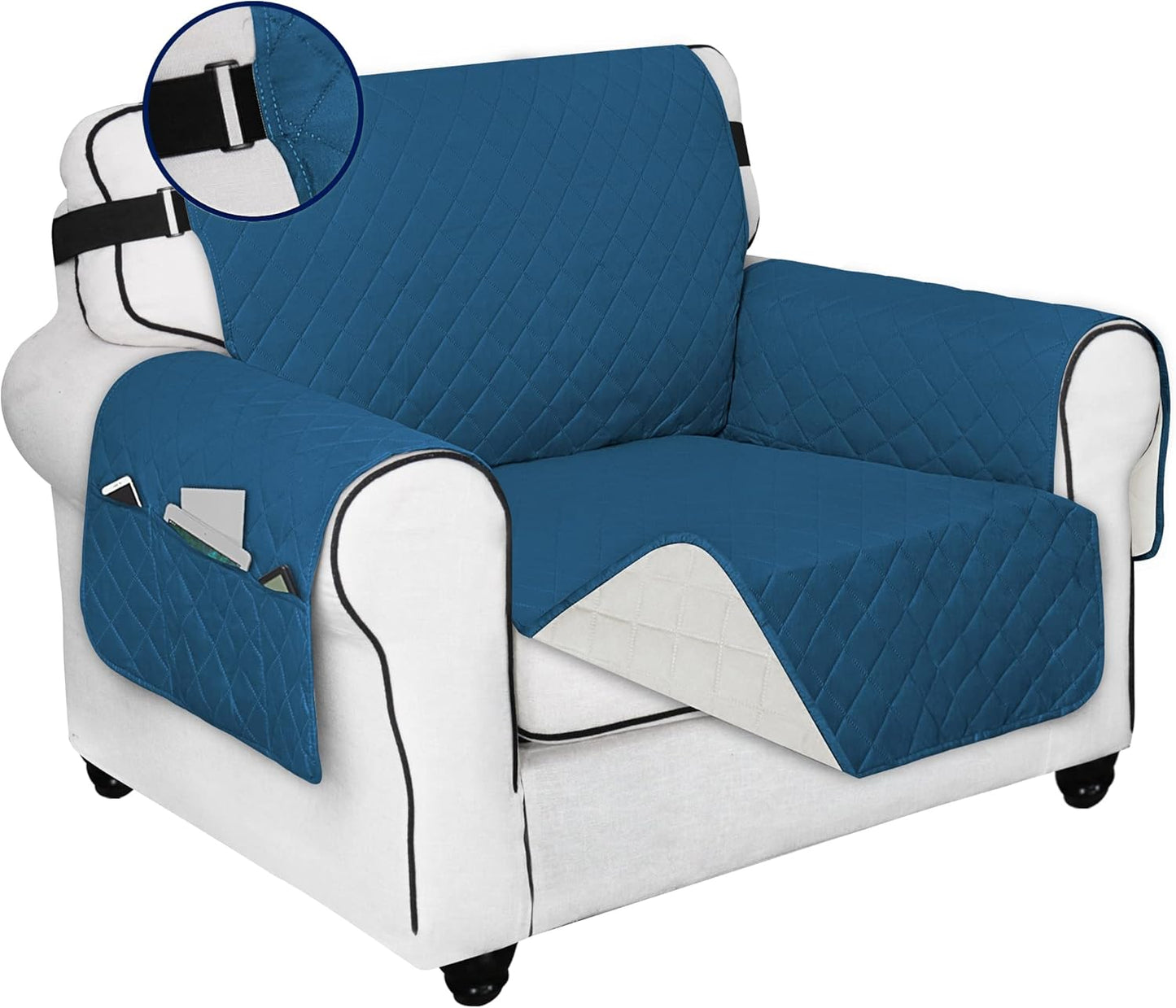 PureFit Reversible Sofa Cover Water Resistant Chair Couch Cover, Machine Washable Furniture Cover with Non-Slip Foam and Adjustable Strap for Dogs, Pets (Chair, Peacock Blue/Ivory)