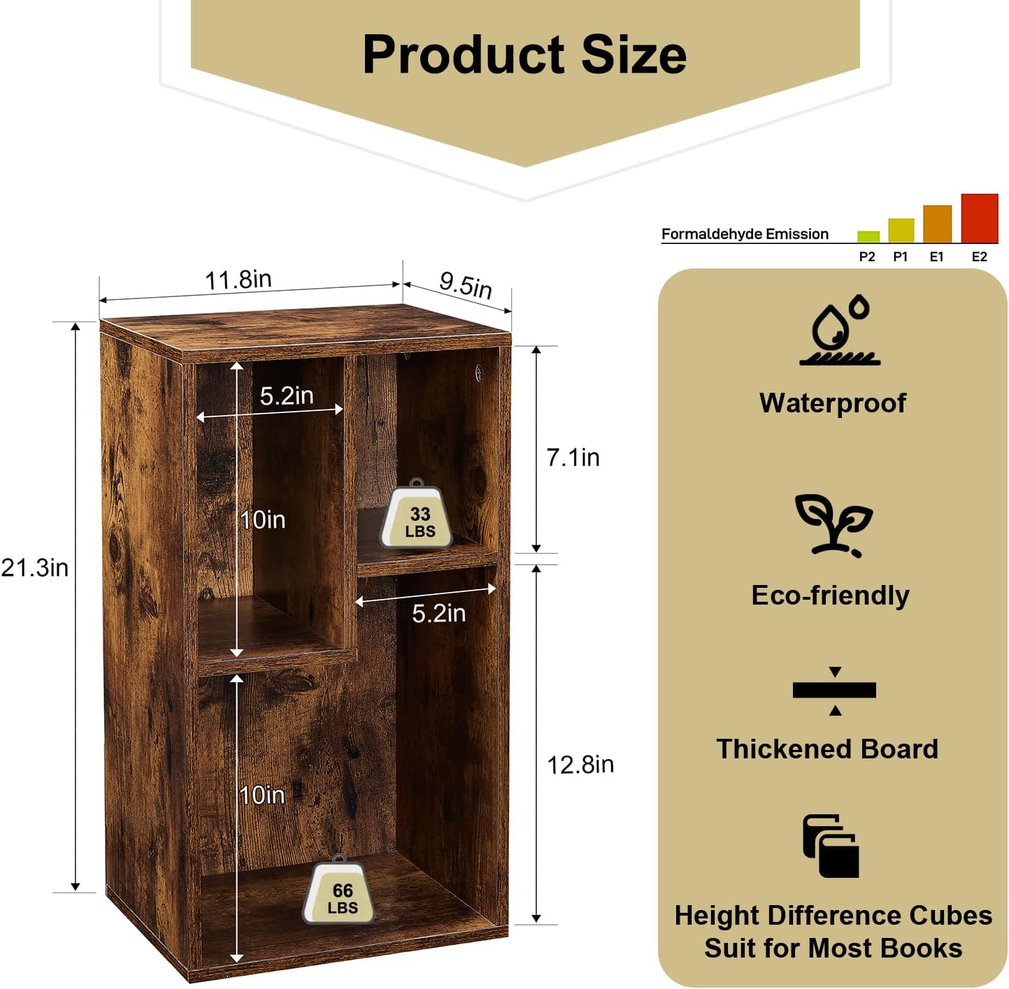 VECELO 3 Cube Small Bookcase, Fits Tallest Hardcovers, Horizontal Available, 2-Tier Modern Bookshelf, Storage Organizer for Small Spaces, Kids Room, Bedroom Living Room, Rustic Brown