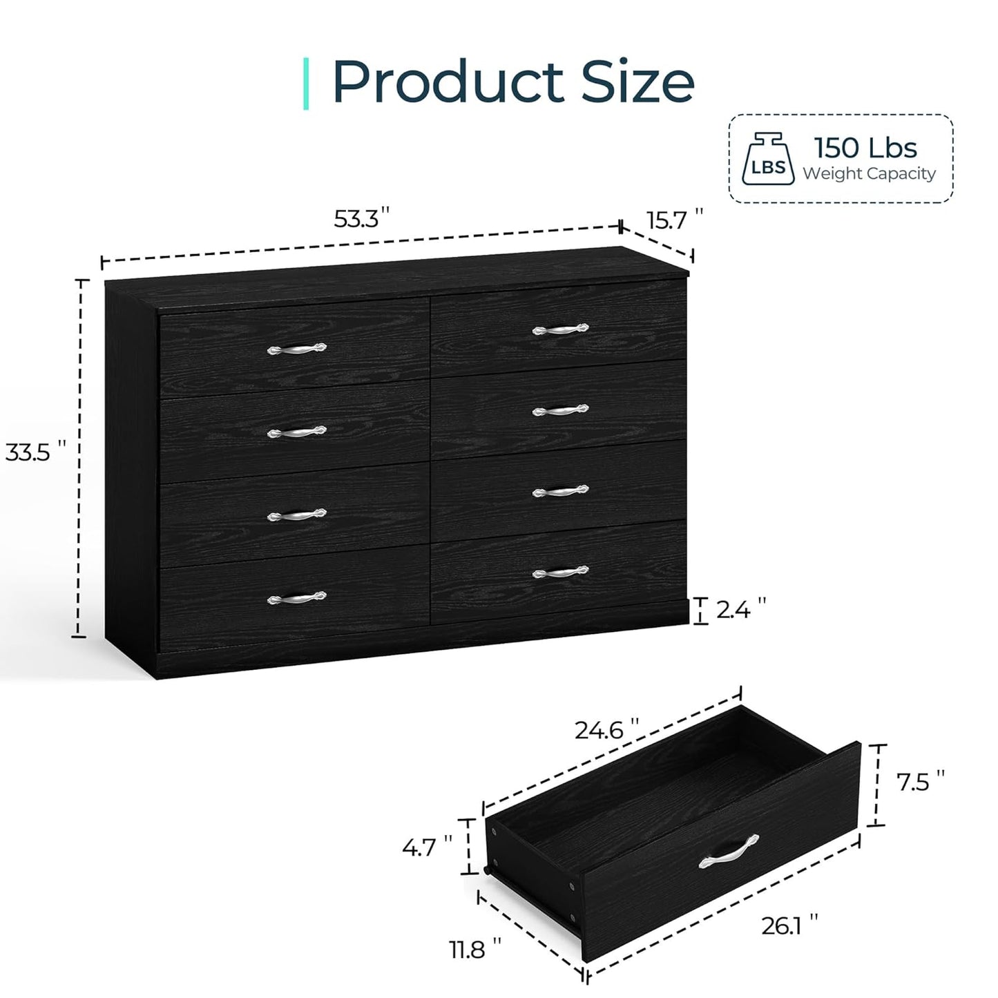 LINSY HOME 8 Drawer Dresser for Bedroom, 54" Wide Chest of Drawers, Modern TV Stand Dressers with Wood Frame and Metal Handles, Large Drawer Organizer for Bedroom, Living Room, Black