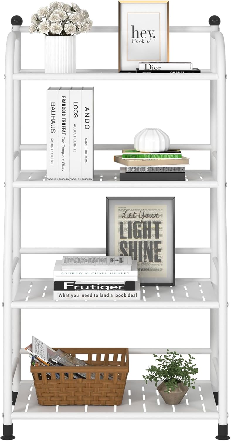 4 Tier Metal Shelf Storage Shelves Living Room Bookshelf Bathroom Corner Storage Rack for Kitchen,Indoor Plant Stand (Matte White, 4 Tier)