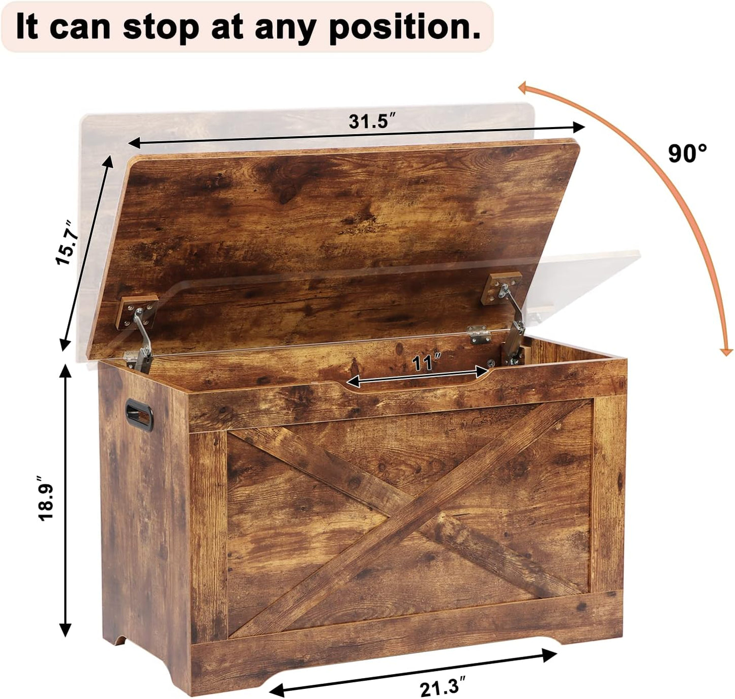 Storage Chest, Wooden Storage Bench, Entryway Shoes Bench with 2 Safety Hinges, Retro Storage Trunk for Living Room, Bedroom, 15.7 x 31.5 x 18.9 Inches, Rustic Brown