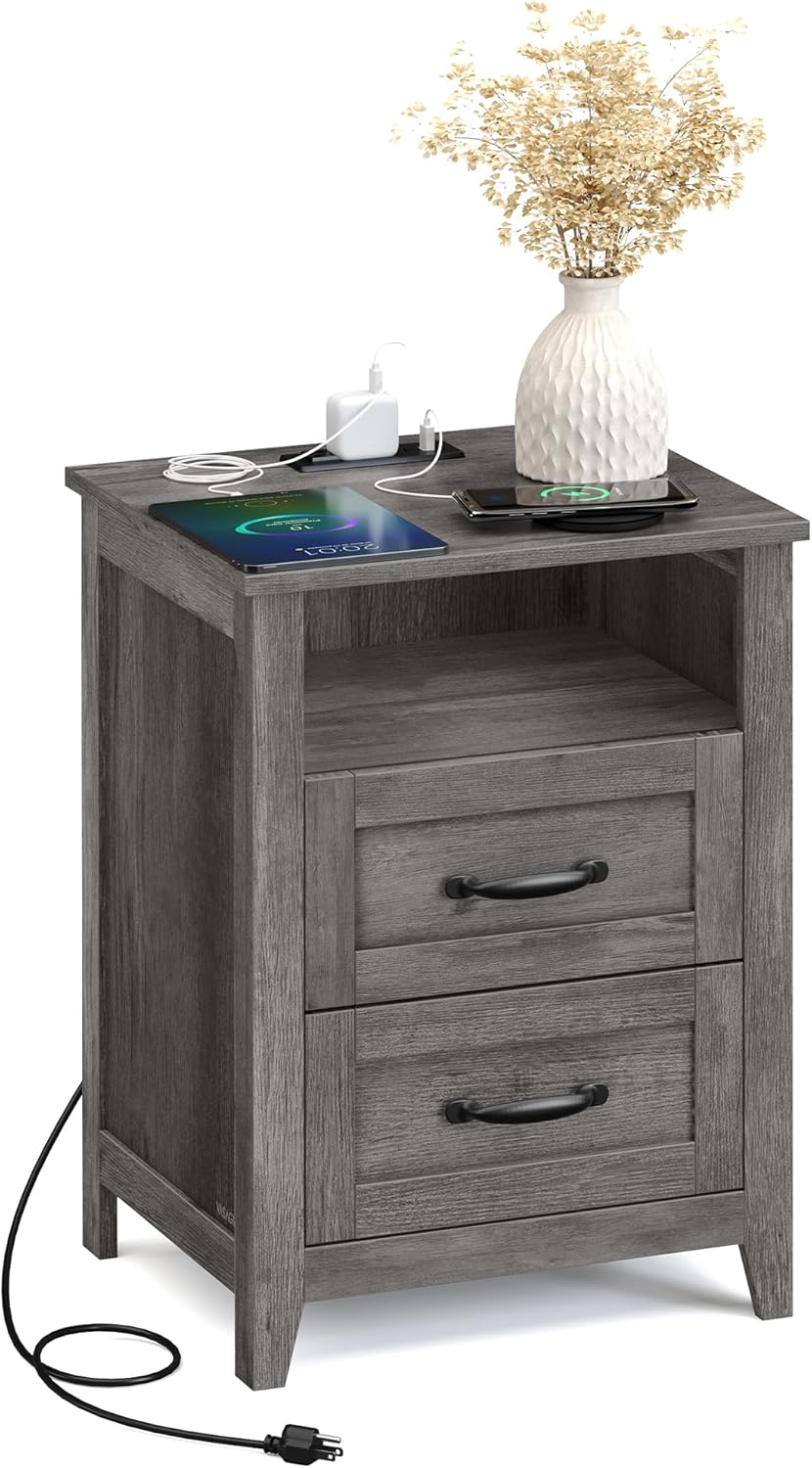 VASAGLE LIRY Collection - Farmhouse Nightstand with Charging Station, Bedside Table, Side Table with 2 Drawers, Open Compartment, for Bedroom, Misty Gray ULET669G01