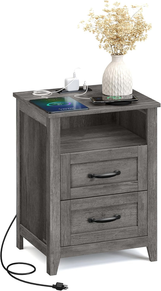 VASAGLE LIRY Collection - Farmhouse Nightstand with Charging Station, Bedside Table, Side Table with 2 Drawers, Open Compartment, for Bedroom, Misty Gray ULET669G01