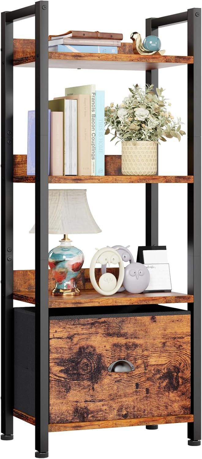 Furologee 4 Tier Bookshelf with Drawer, Tall Bookcase with Shelves, Narrow Bookshelves Storage Organizer, Wood and Metal Display Standing Shelf Unit for Bedroom, Living Room, Rustic Brown