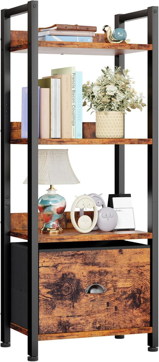 Furologee 4 Tier Bookshelf with Drawer, Tall Bookcase with Shelves, Narrow Bookshelves Storage Organizer, Wood and Metal Display Standing Shelf Unit for Bedroom, Living Room, Rustic Brown