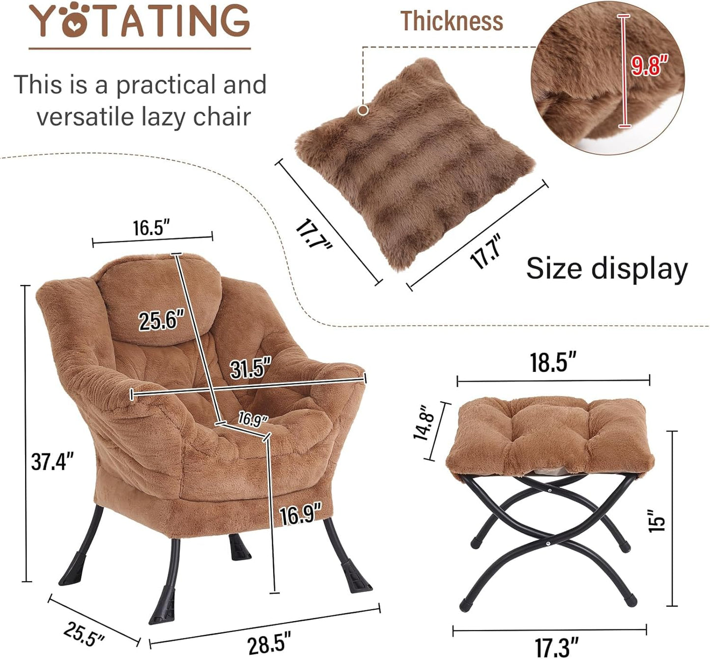 Lazy Chair with Ottoman, Comfy Reading Chair with Footstool & Throw Pillow Modern Lounge Accent Chair with Armrests & Side Pocket for Living Room, Bedroom, Dorm Room, Office, Plush Brown