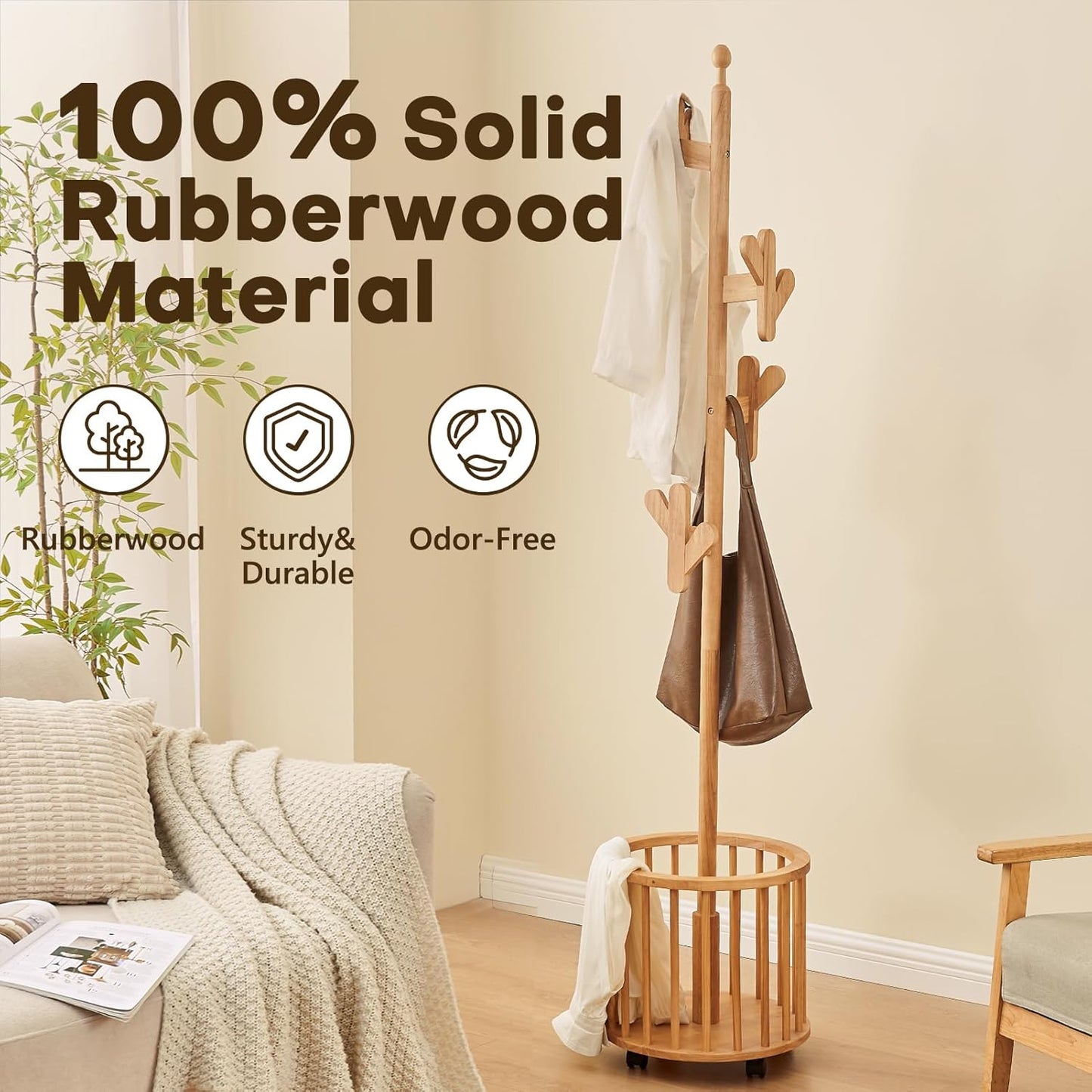 CozyDH Solid Wood Coat Rack Freestanding with Lockable 360° Rotary Casters, Coat Tree Stand with Umbrella Holder & Laundry Basket Storage & 12 Hooks, Natural