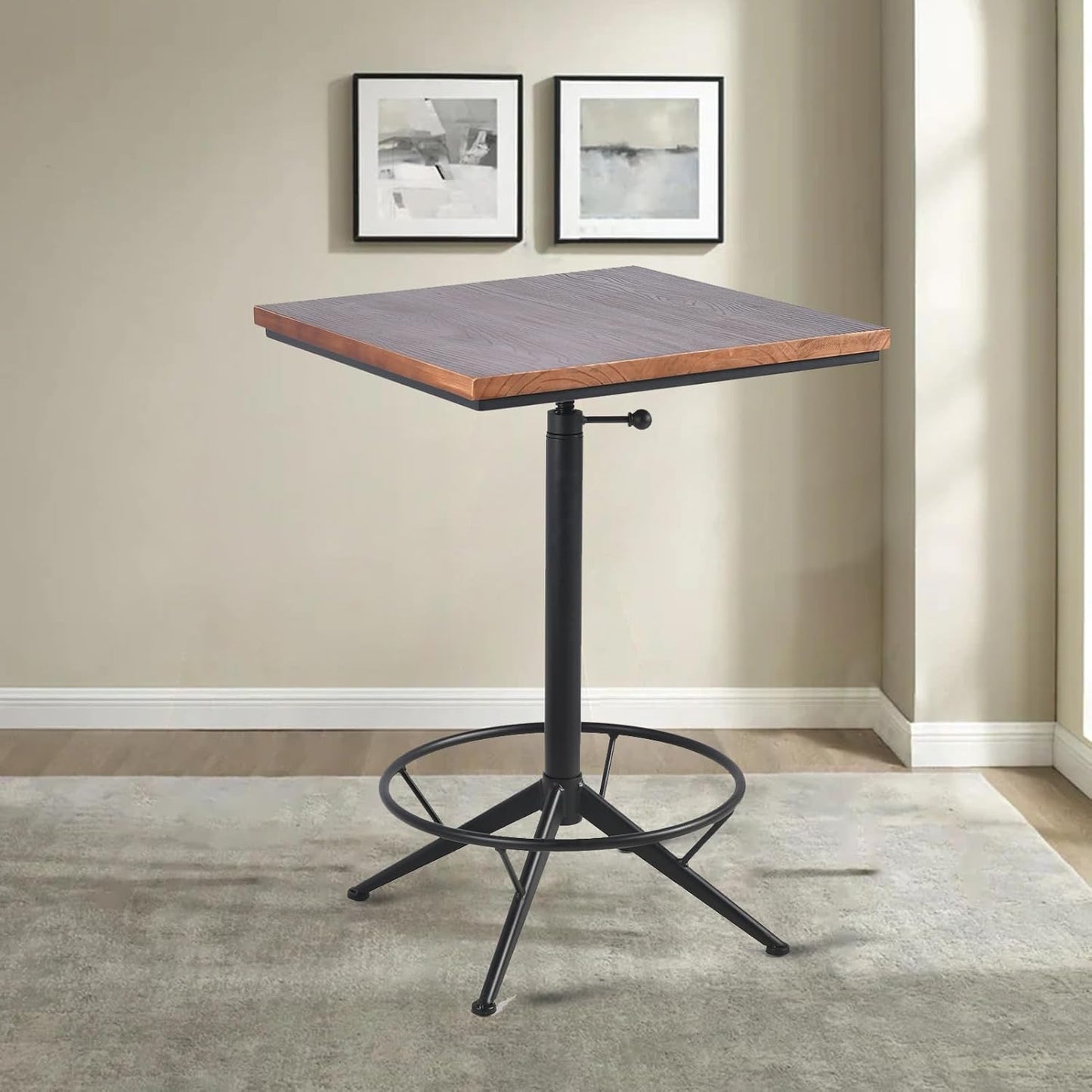 Diwhy Industrial Design Bar Table Height Adjustable 30.3-35.4in Kitchen Dining Coffee Bistro Pub Square Table Top Table Black