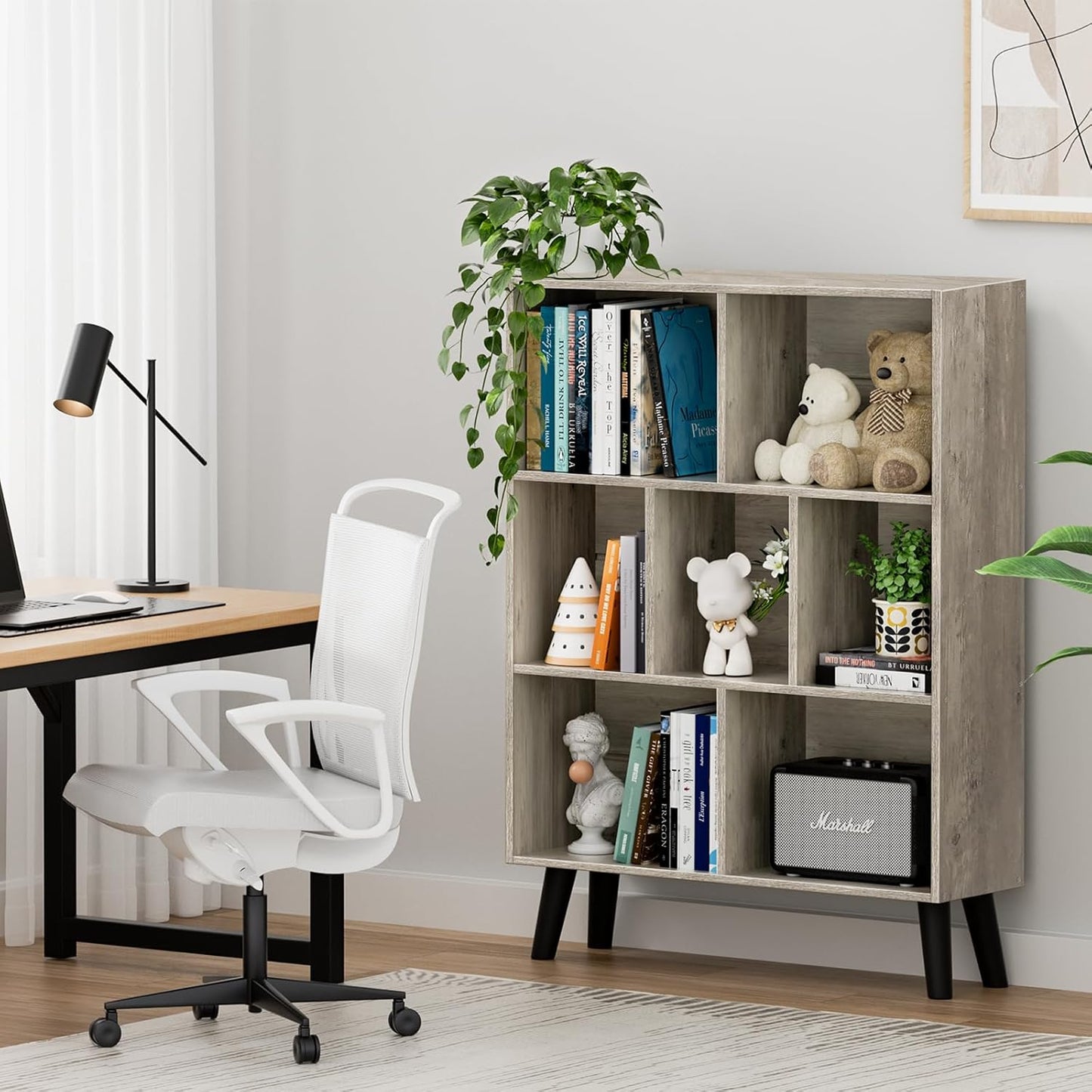 LEYAOYAO 7 Cube Bookshelf, 3 Tier Modern Bookcase with Legs, Mid-Century Modern Wood Book Shelves Storage, Retro Grey Book Case, Freestanding Organizer Display Shelf for Bedroom,Living Room,Office