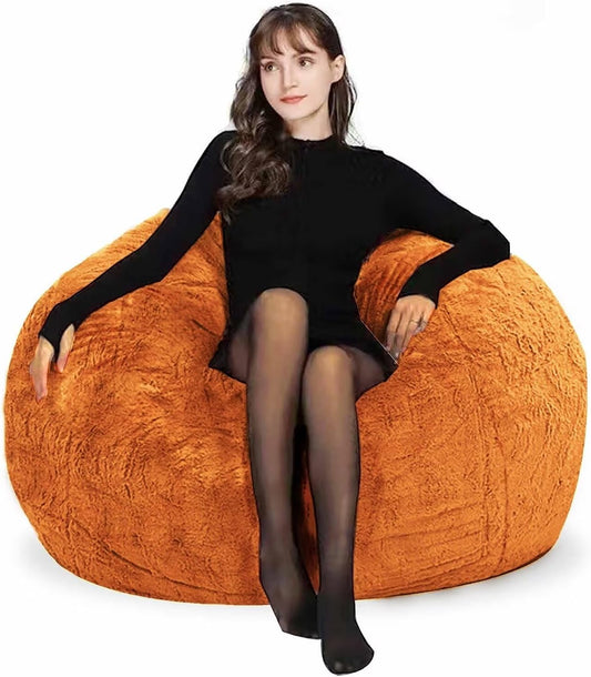Beanbag Chair Cover for Adults Kids Comfy Fluffy Round Beanbag Lazy Sofa Cover for Reading Chair Floor Chair, 3.5FT, Orange