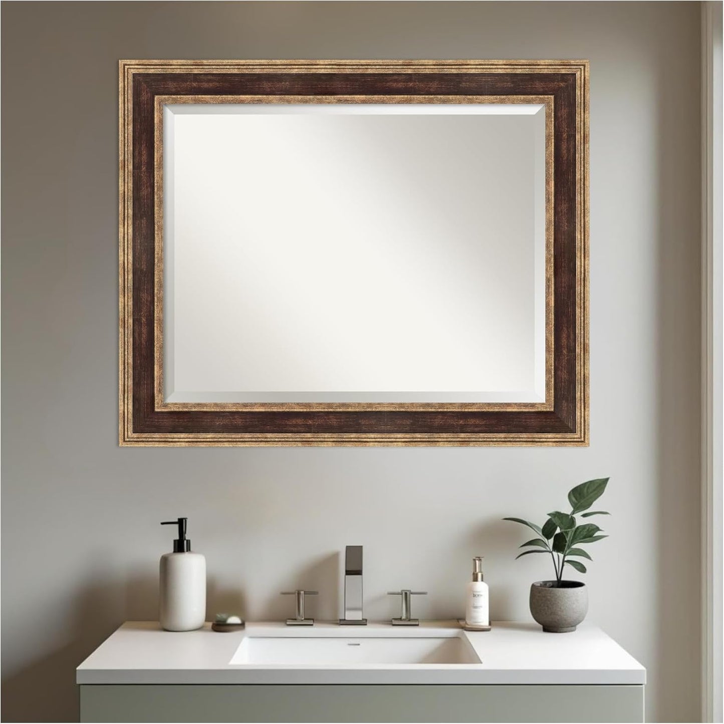 Amanti Art Bronze Bathroom Mirror for Over Sink, 28x34 Ridge Light Bronze Rectangle Vanity Mirror, Large Traditional Frame, Hangs Horizonally and Vertically, Bathroom Wall Decor, Beveled Edge