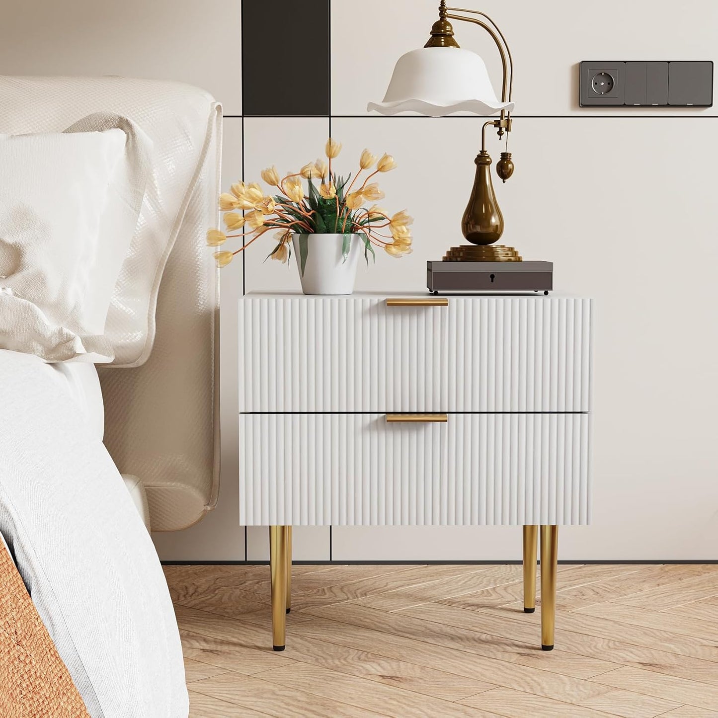 White Nightstand for Bedroom, Fluted Night Stand Set of 2, Mid Century Modern Bedside Table with Gold Metal Legs