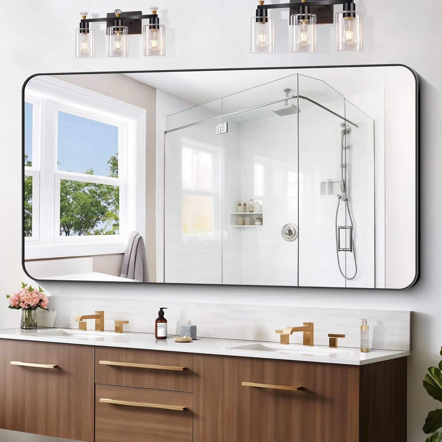 Large Bathroom Mirror 72x36 inch, Black Rectangle Mirrors with Metal Frame, Rounded Corner Rectangular Mirror for Bathroom, Oversized Wall Mounted Mirror for Over Sinks Living Room Bedroom