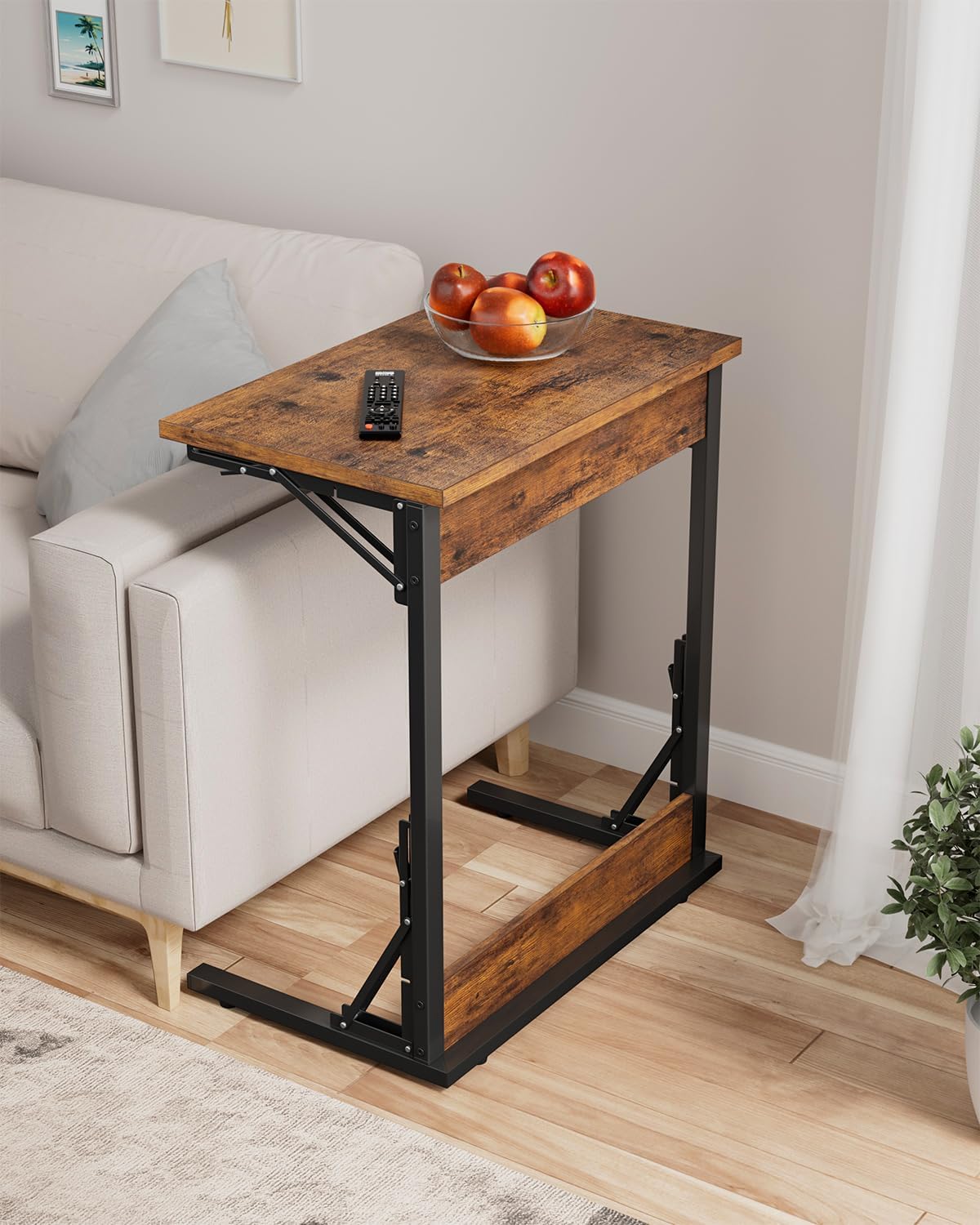 Tatub Folding TV Tray Table, 24" Wide C-Shaped End Table for Couches, Small Sofa-Side Laptop Desk with Metal Frame for Living Room, Bedroom, Rustic Brown