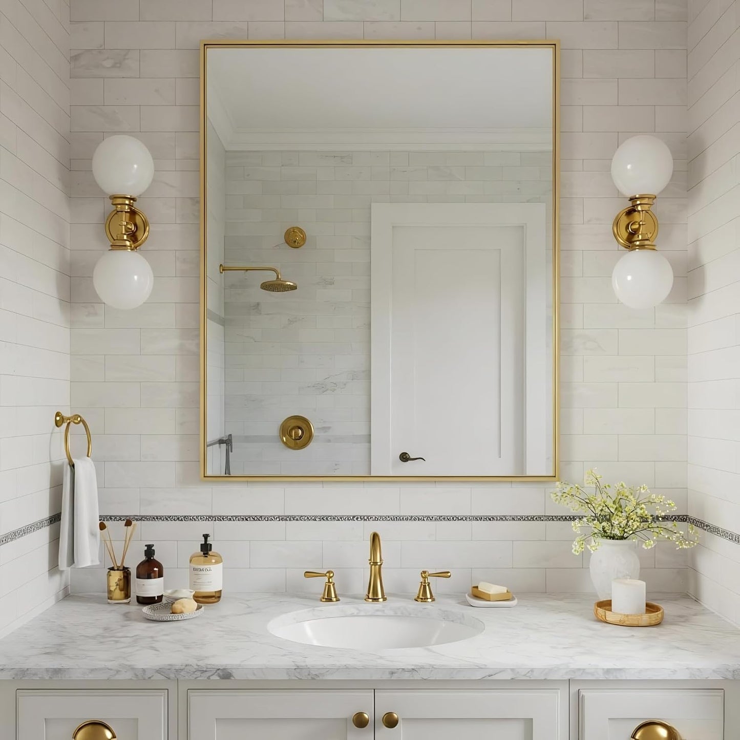 24x30 Inch Brass Bathroom Mirror for Wall, Aluminum Frame Rectangle Rectangular Vanity Mirror, Modern Large for Bedroom, Living Room, Horizontal or Vertical