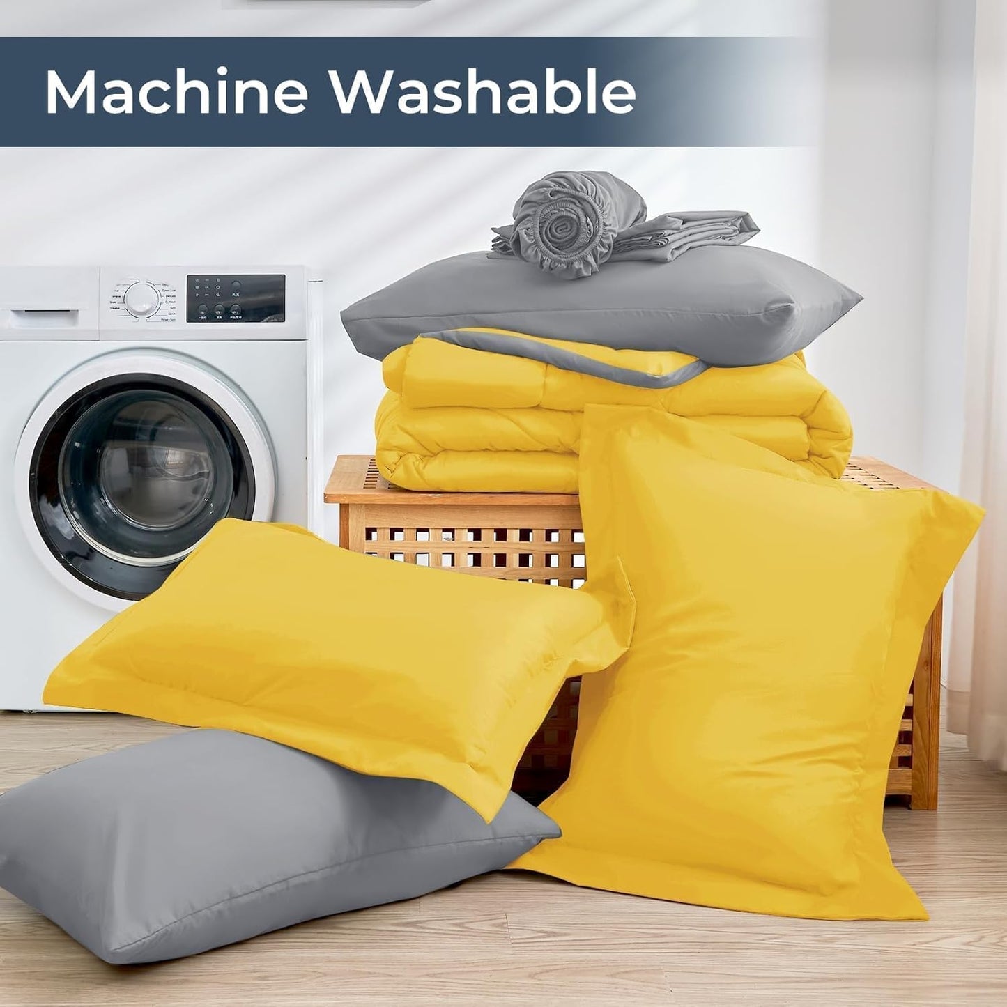 HEVUMYI Cali-King Comforter Set - 7-Piece All Season Bed in a Bag Cali-King, Ultra Soft Bedding Set with Comforter, Flat Sheet, Fitted Sheet, Pillowcases, Pillow Shams, Yellow & Light Grey