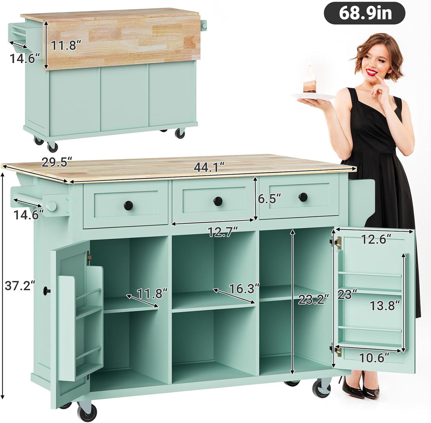 Rovibek Rolling Kitchen Island with Drawer, Kitchen Island Cart with Storage, Portabl Island for Kitchen with Large Storage Cabinet, Shelf and Drawer, 53 Inch Width, Green